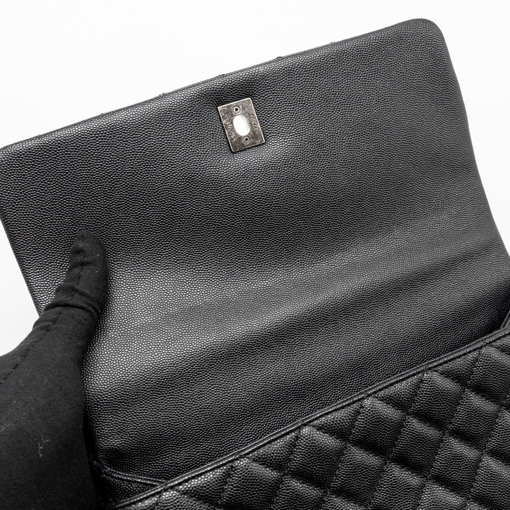 CHANEL MEDIUM COCO HANDLE CAVIAR/LIZARD HANDLE BLACK/BURGUNDY RUTHENIUM HARDWARE