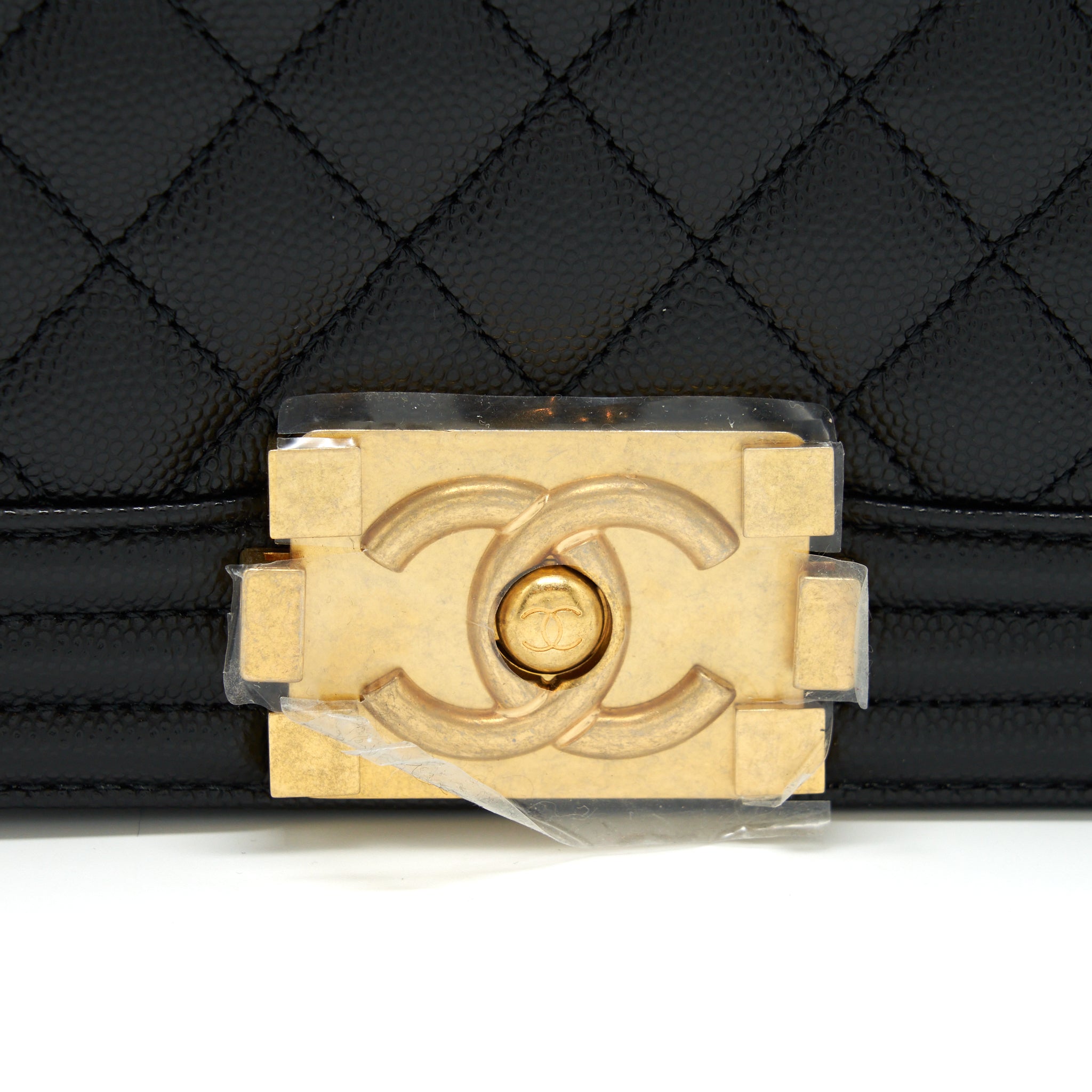 CHANEL SMALL BOY BAG CAVIAR BLACK BRUSHED GHW (MICROCHIP)
