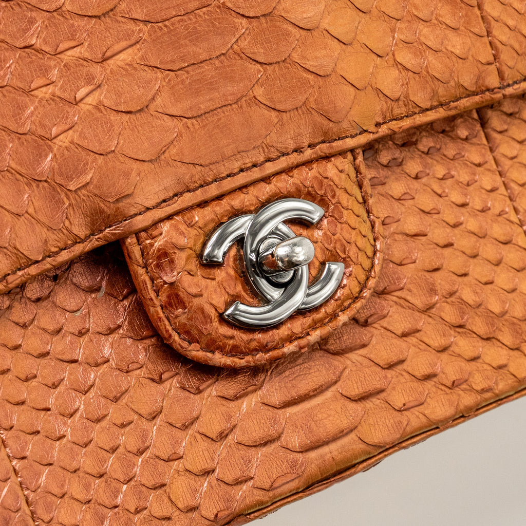 CHANEL CLASSIC DOUBLE FLAP BAG PYTHON LEATHER ORANGE SHW