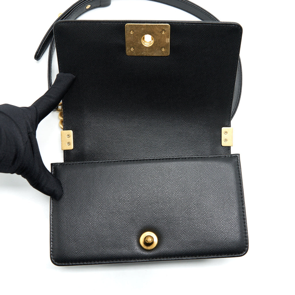 CHANEL SMALL BOY BAG CAVIAR BLACK BRUSHED GHW (MICROCHIP)