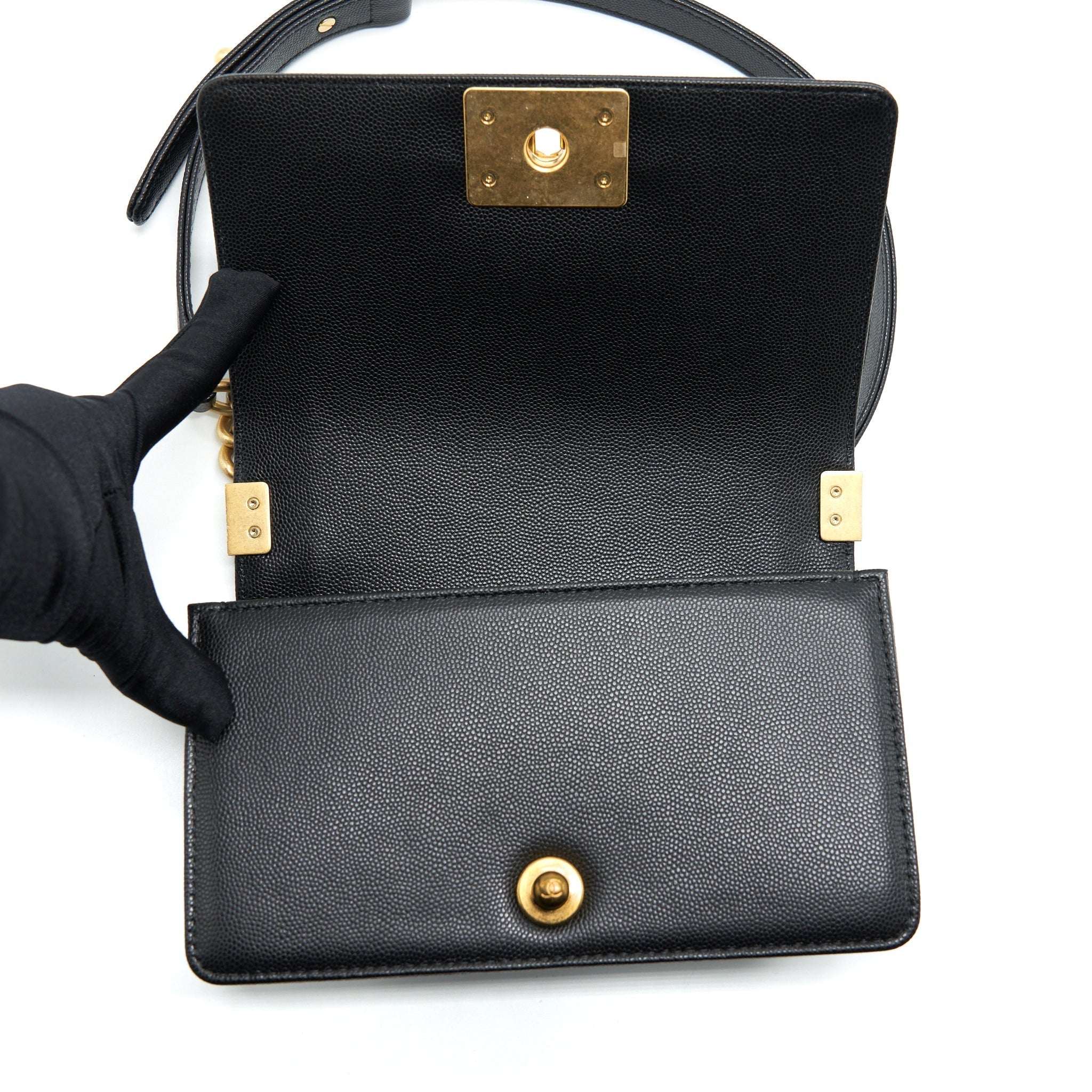 CHANEL SMALL BOY BAG CAVIAR BLACK BRUSHED GHW (MICROCHIP)
