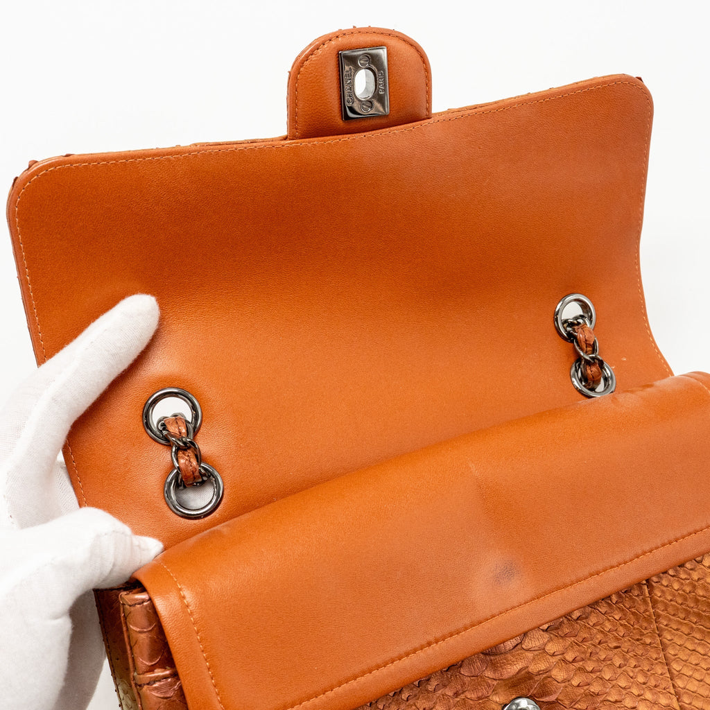 CHANEL CLASSIC DOUBLE FLAP BAG PYTHON LEATHER ORANGE SHW