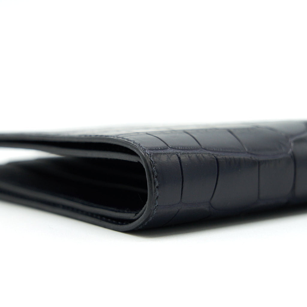 HERMES EMERALD ALLIGATOR EXOTIC LEATHER MEN'S SUIT BIFOLD BIFOLD POCKET WALLET IN DARK NAVY