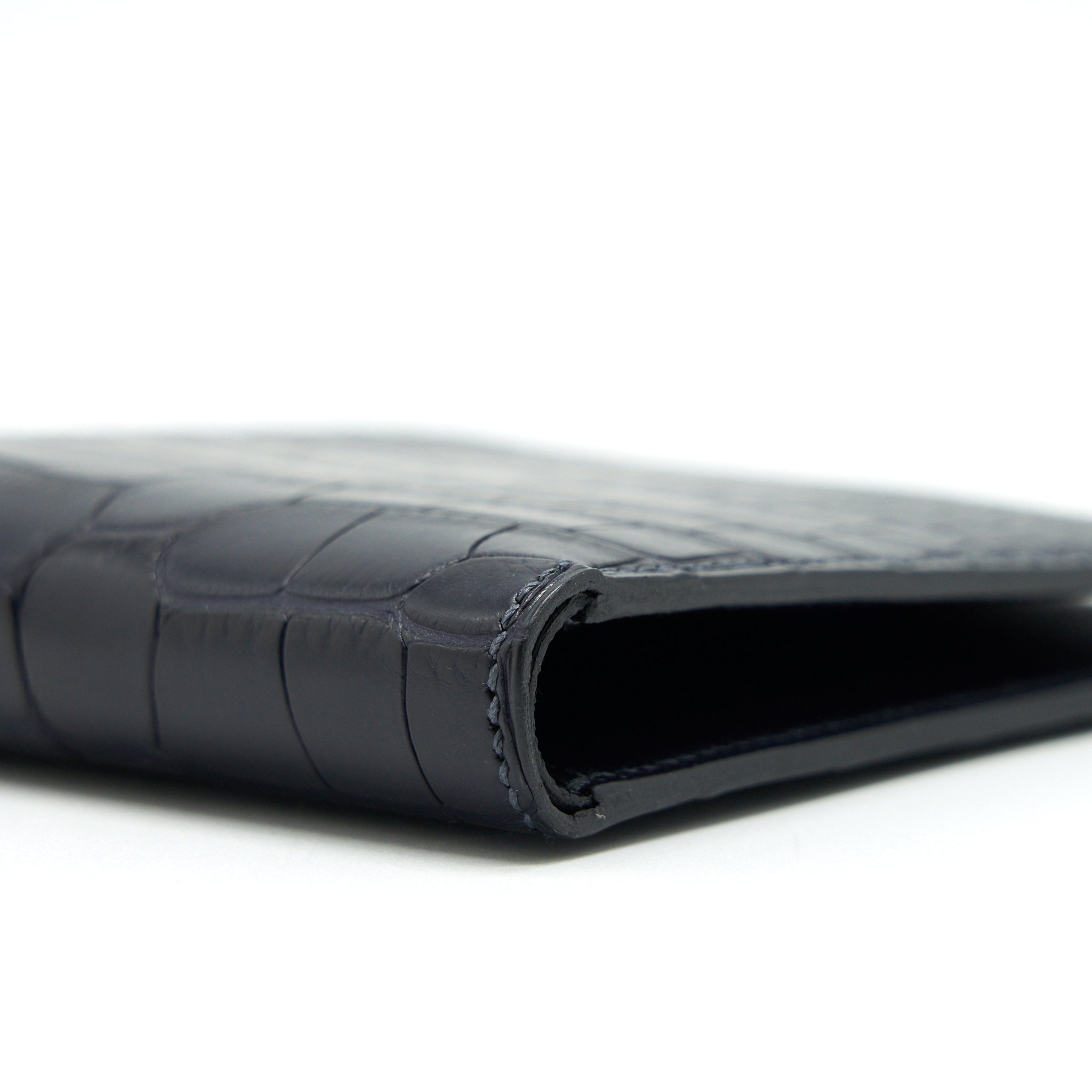 HERMES EMERALD ALLIGATOR EXOTIC LEATHER MEN'S SUIT BIFOLD BIFOLD POCKET WALLET IN DARK NAVY