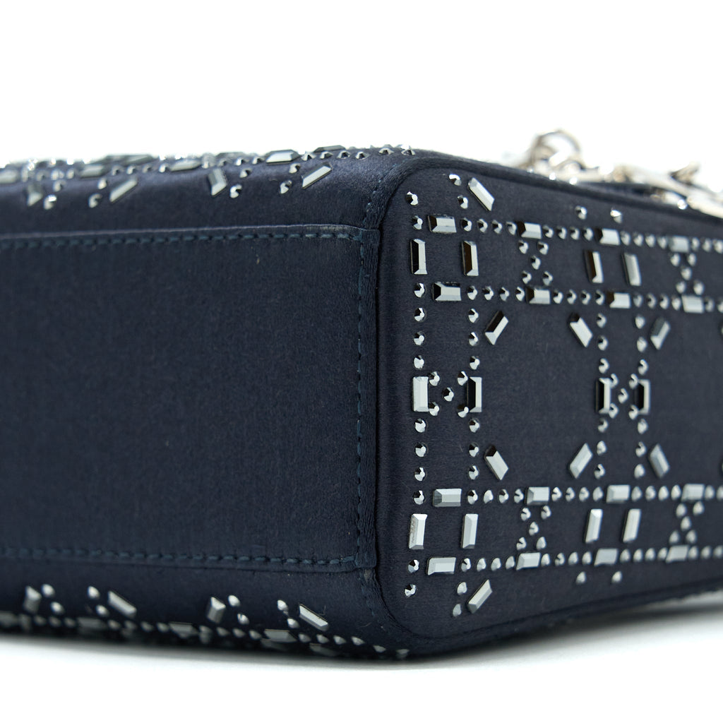 DIOR MINI LADY DIOR SATIN CRYSTAL CANNAGE DARK BLUE SHW