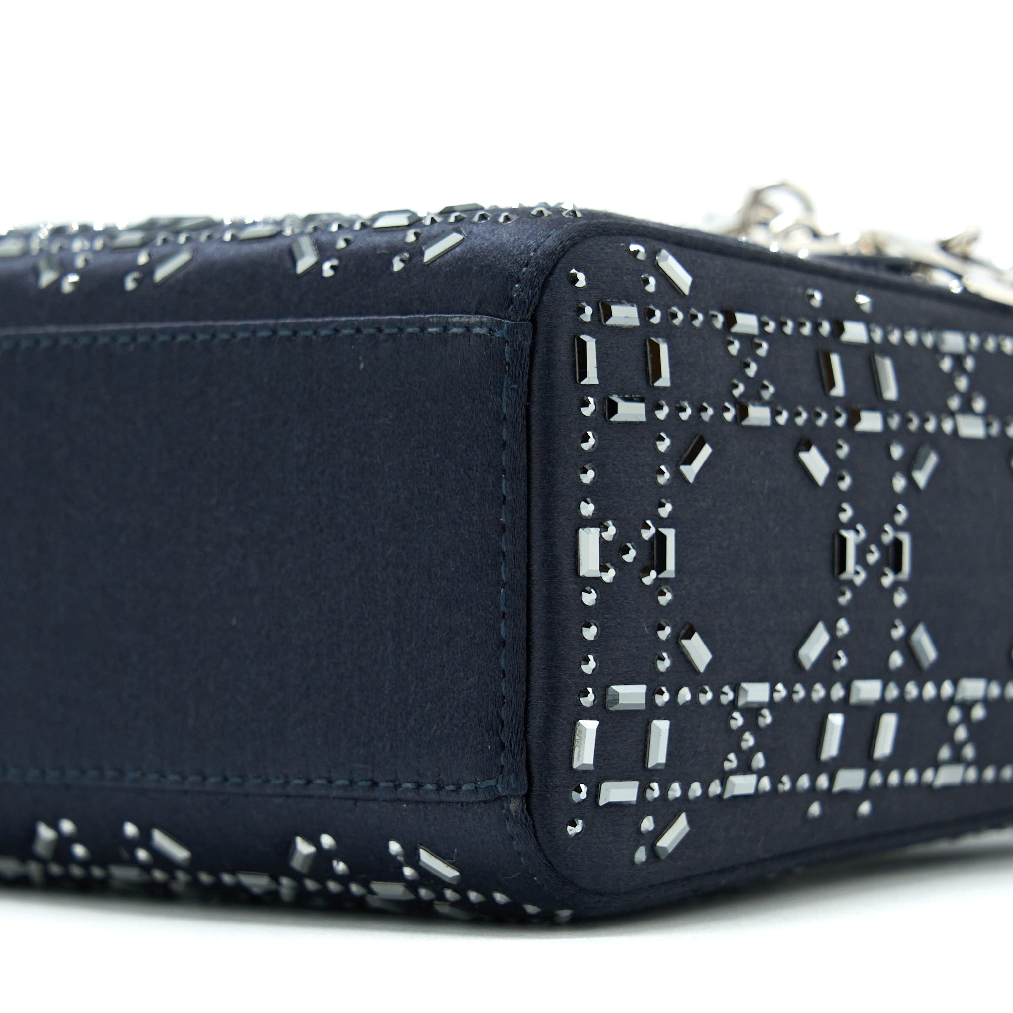 DIOR MINI LADY DIOR SATIN CRYSTAL CANNAGE DARK BLUE SHW