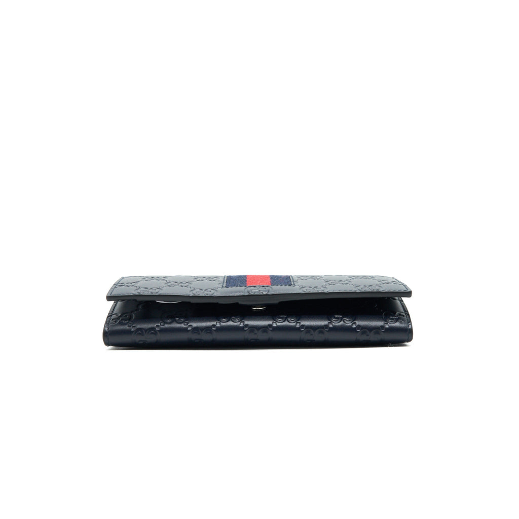 GUCCI MEN'S SIGNATURE WEB LEATHER LONG WALLET IN DARK NAVY