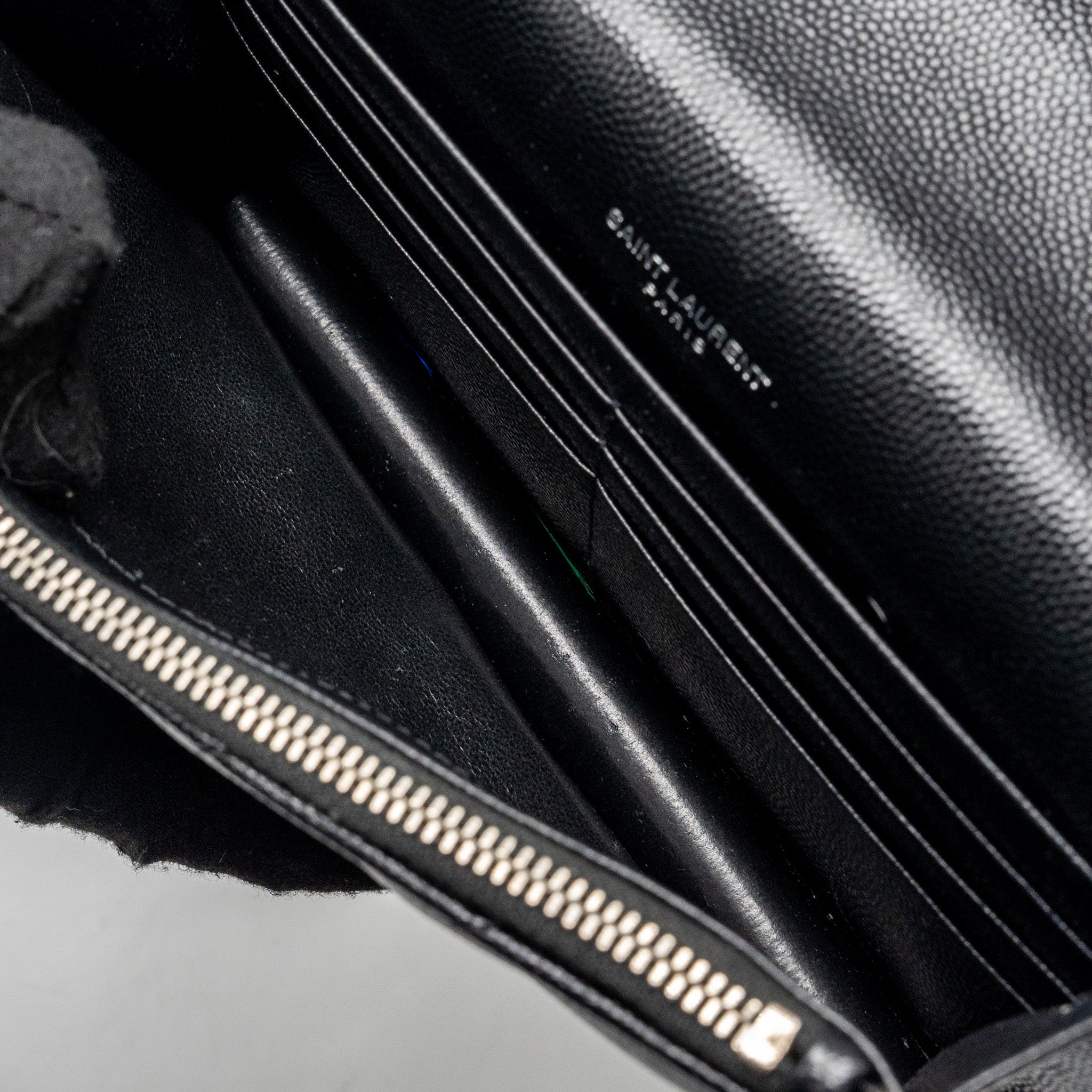 SAINT LAURENT ENVELOPE WALLET ON CHAIN GRAINED CALFSKIN BLACK SHW