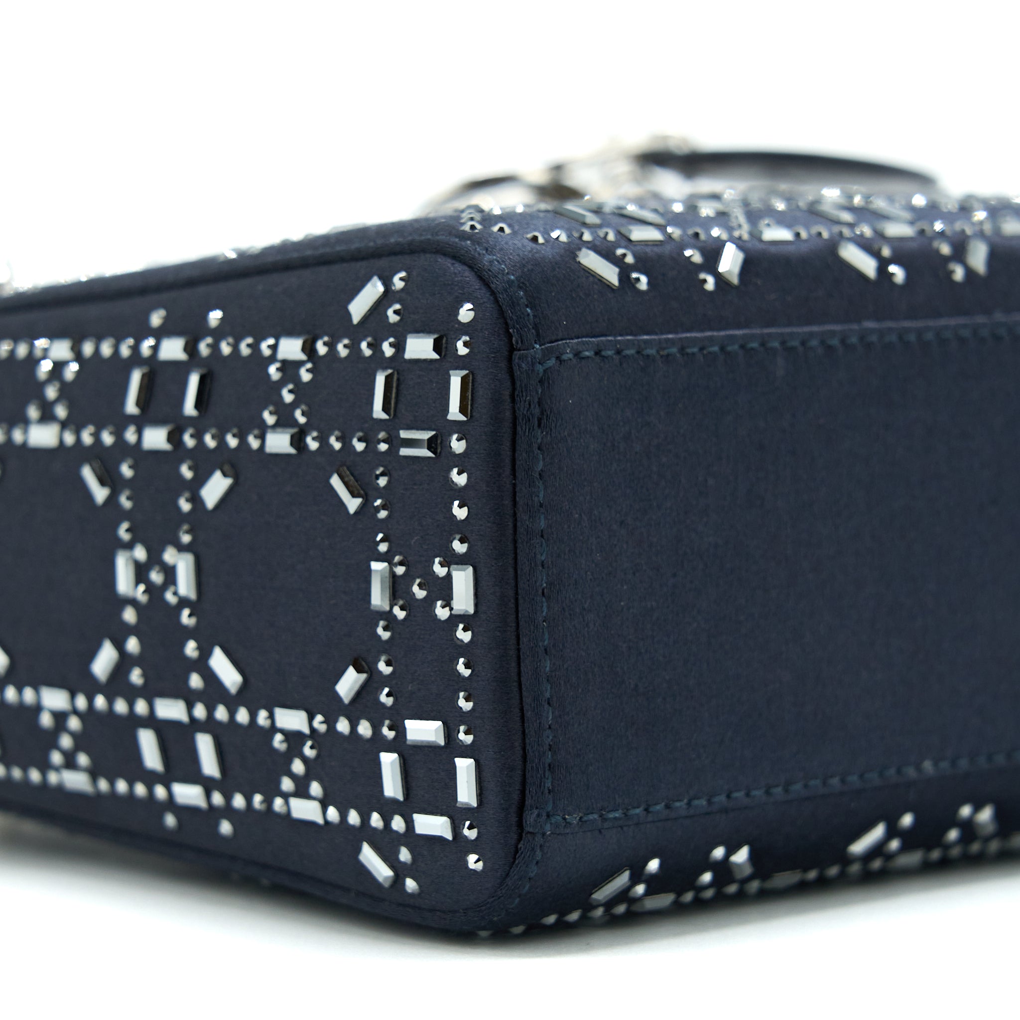 DIOR MINI LADY DIOR SATIN CRYSTAL CANNAGE DARK BLUE SHW