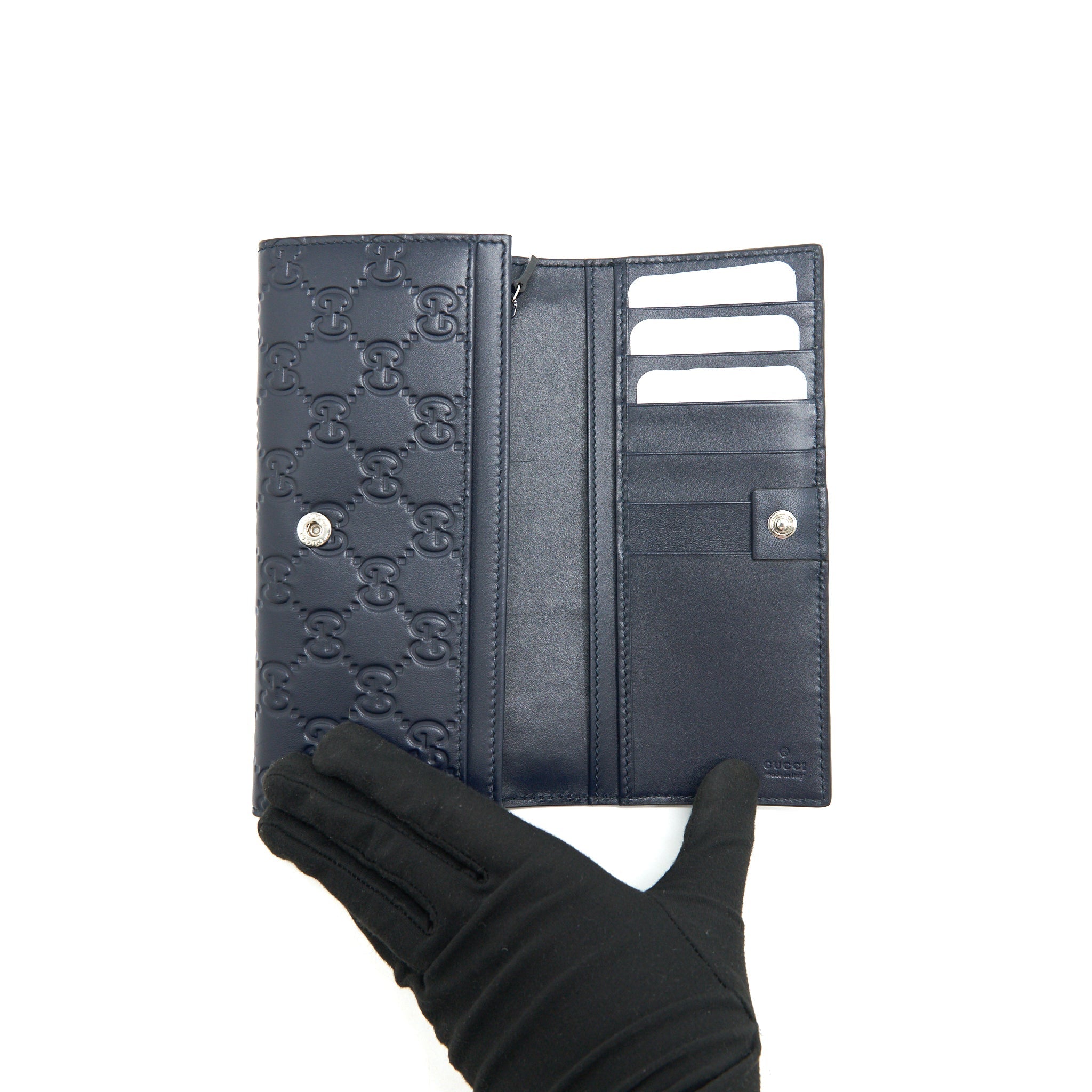 GUCCI MEN'S SIGNATURE WEB LEATHER LONG WALLET IN DARK NAVY
