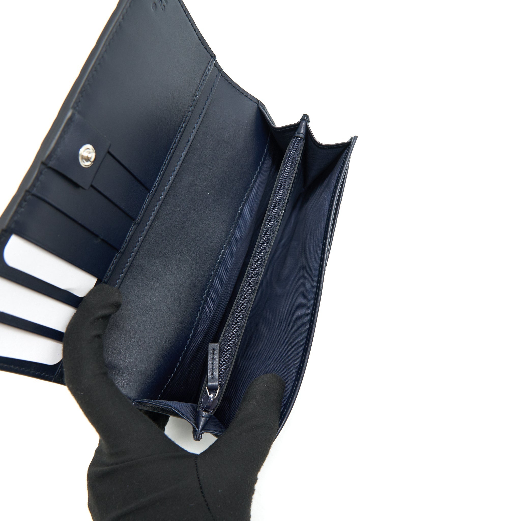 GUCCI MEN'S SIGNATURE WEB LEATHER LONG WALLET IN DARK NAVY