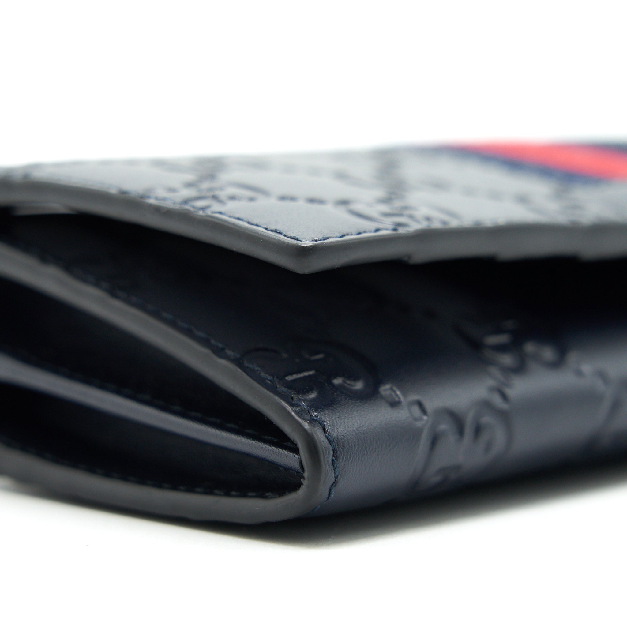 GUCCI MEN'S SIGNATURE WEB LEATHER LONG WALLET IN DARK NAVY