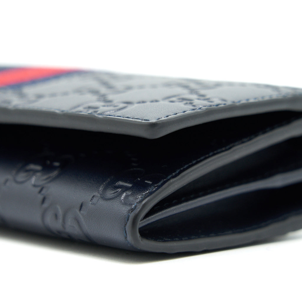 GUCCI MEN'S SIGNATURE WEB LEATHER LONG WALLET IN DARK NAVY