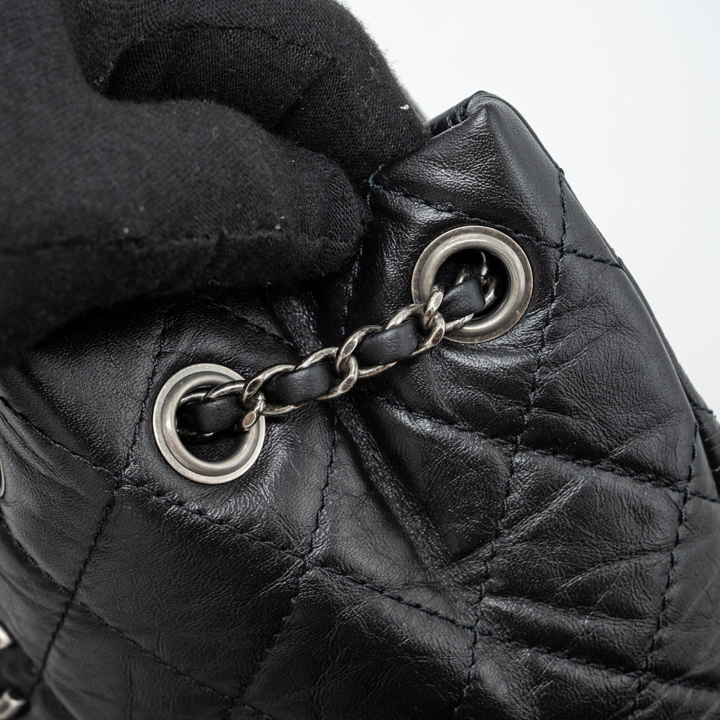 CHANEL SMALL GABRIELLE BACKPACK AGED CALFSKIN BLACK RUTHENIUM HARDWARE (MICROCHIP)