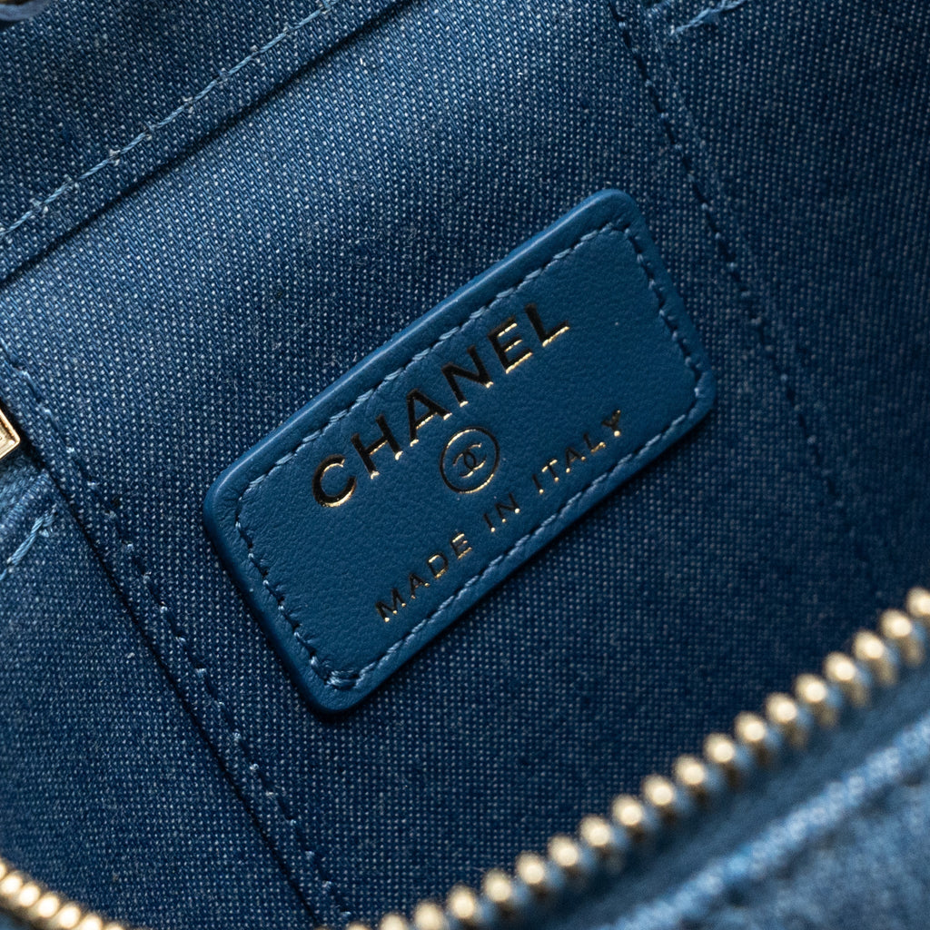CHANEL PEARL CRUSH MINI VANITY CASE DENIM BLUE BRUSHED GHW