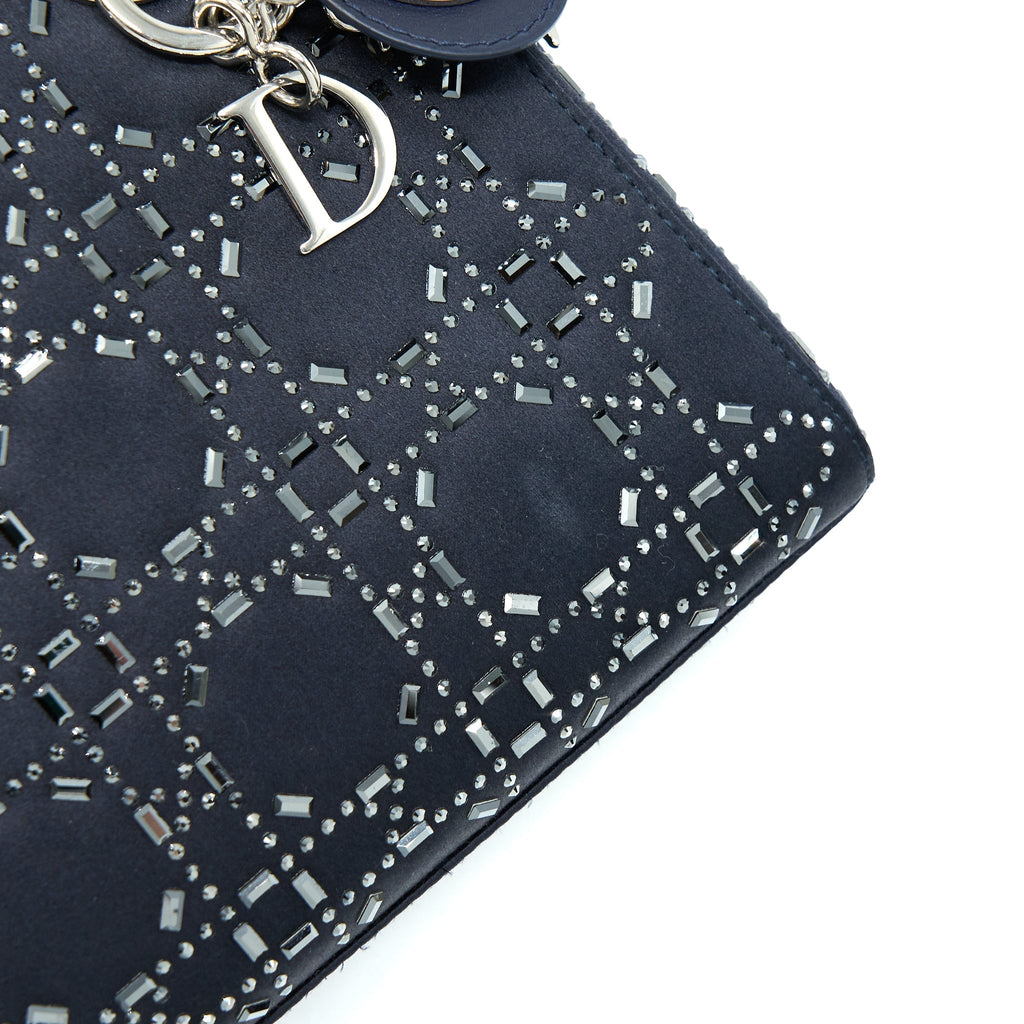 DIOR MINI LADY DIOR SATIN CRYSTAL CANNAGE DARK BLUE SHW