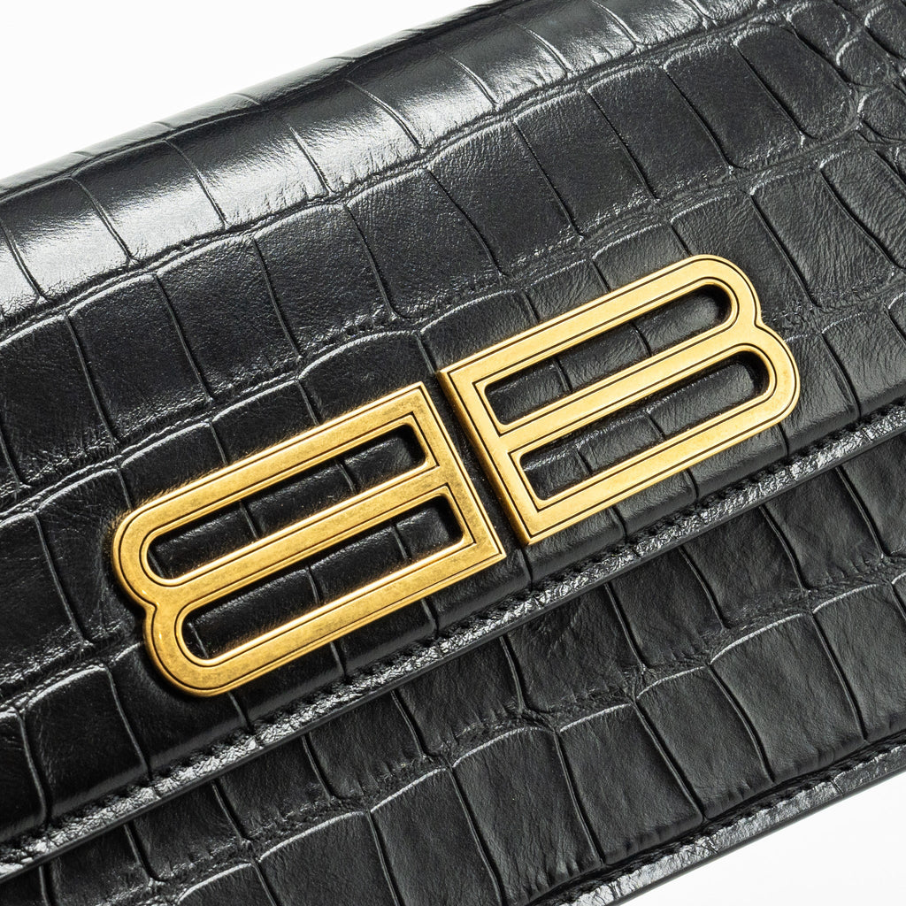 BALENCIAGA GOSSIP SHOULDER BAG CROC-EMBOSSED CALFSKIN BLACK GHW