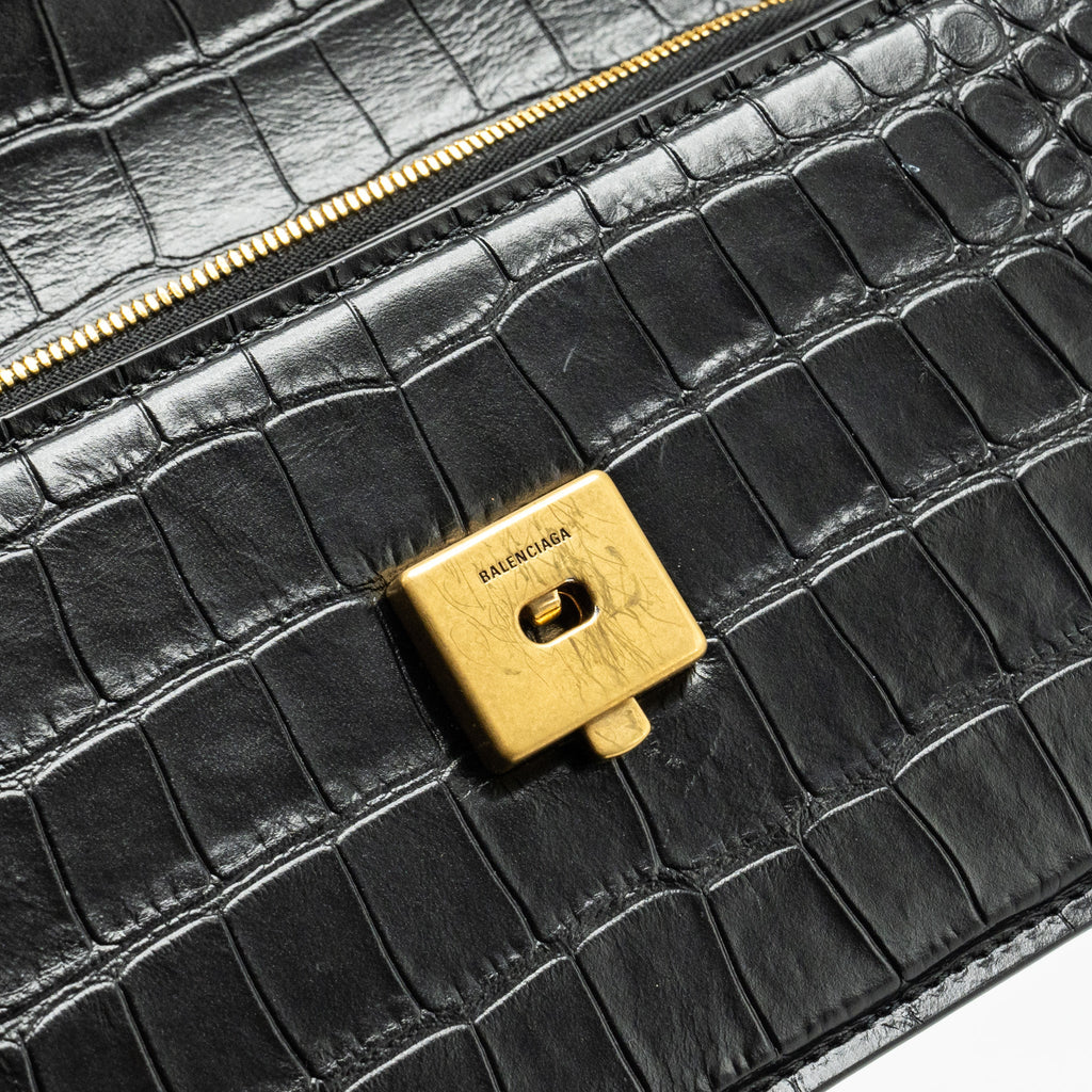 BALENCIAGA GOSSIP SHOULDER BAG CROC-EMBOSSED CALFSKIN BLACK GHW