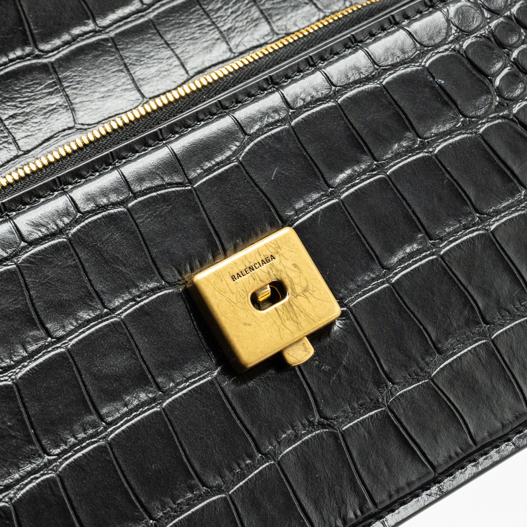 BALENCIAGA GOSSIP SHOULDER BAG CROC-EMBOSSED CALFSKIN BLACK GHW