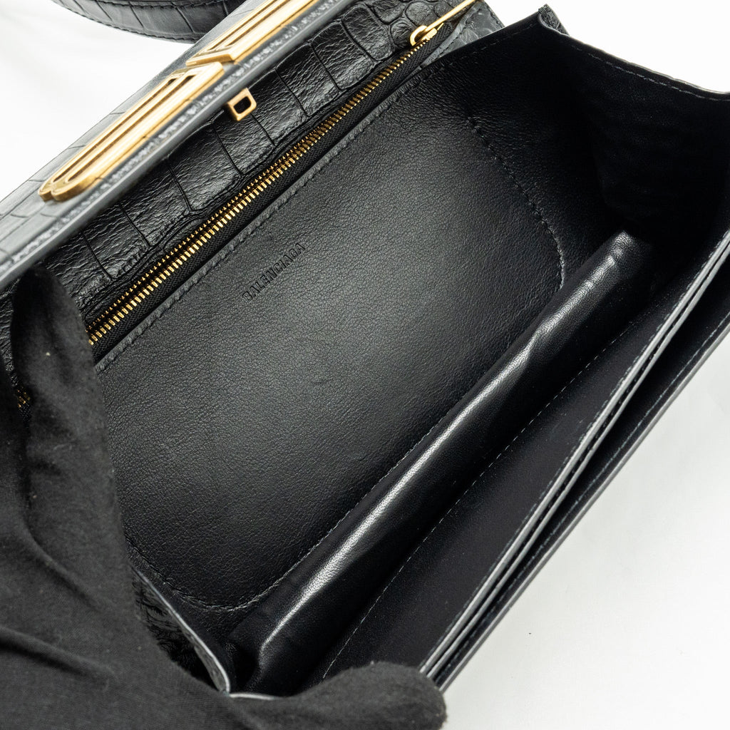 BALENCIAGA GOSSIP SHOULDER BAG CROC-EMBOSSED CALFSKIN BLACK GHW