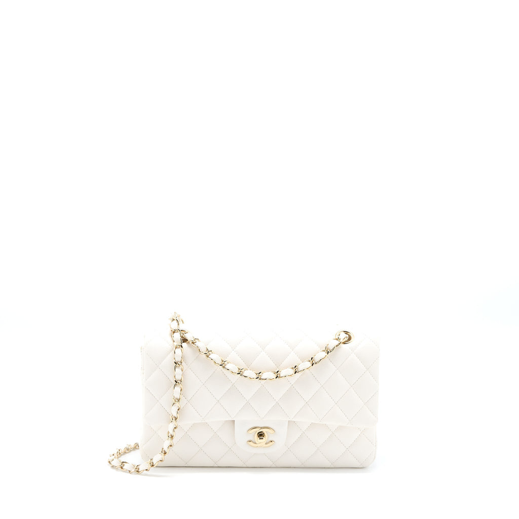 CHANEL MEDIUM CLASSIC DOUBLE FLAP BAG CAVIAR WHITE LGHW