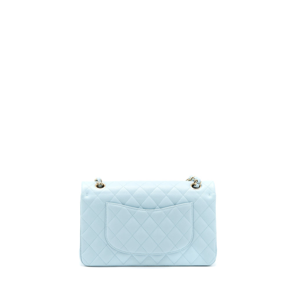 CHANEL MEDIUM CLASSIC DOUBLE FLAP BAG CAVIAR LIGHT BLUE LGHW (MICROCHIP)