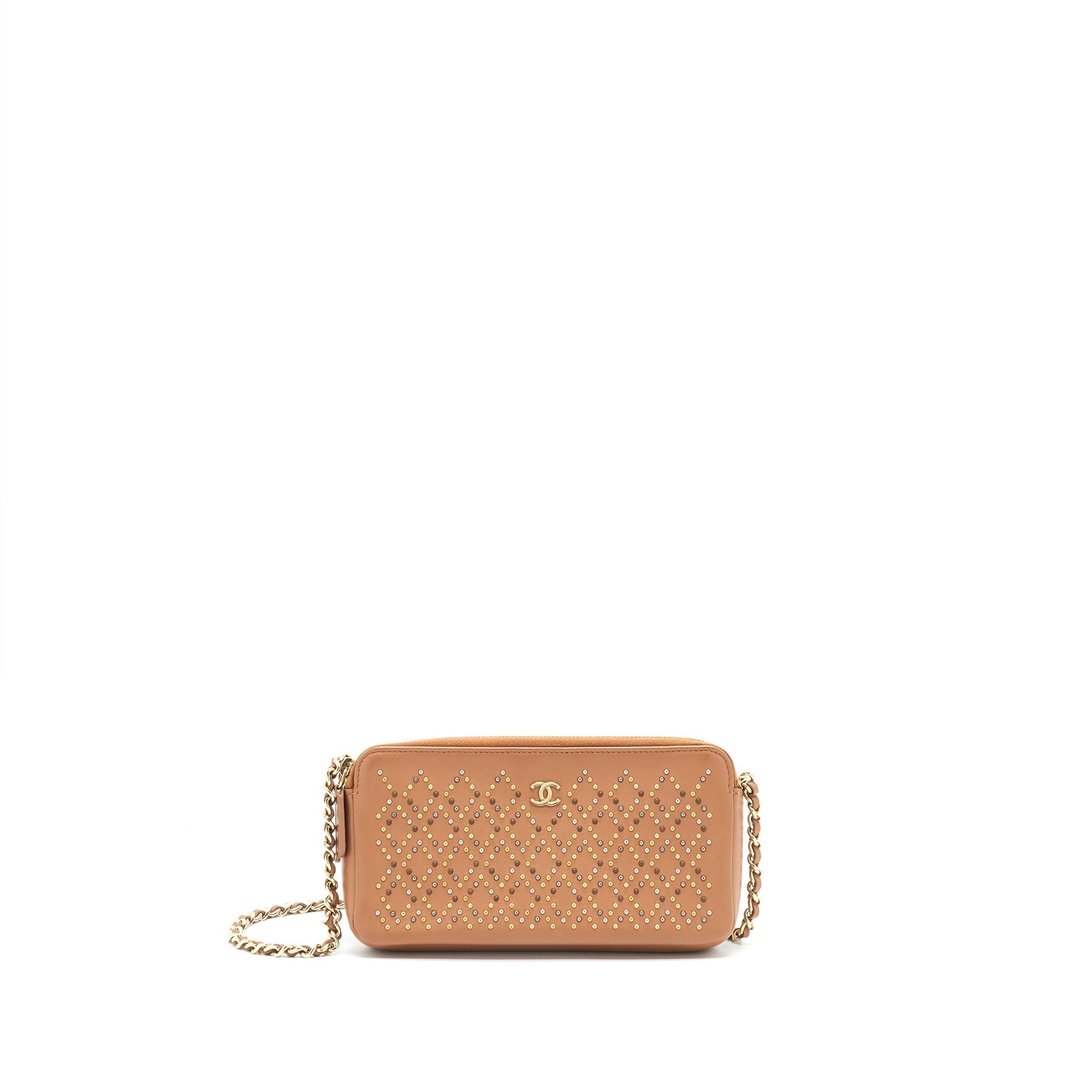 CHANEL STUD DOUBLE ZIP WALLET ON CHAIN DARK BEIGE