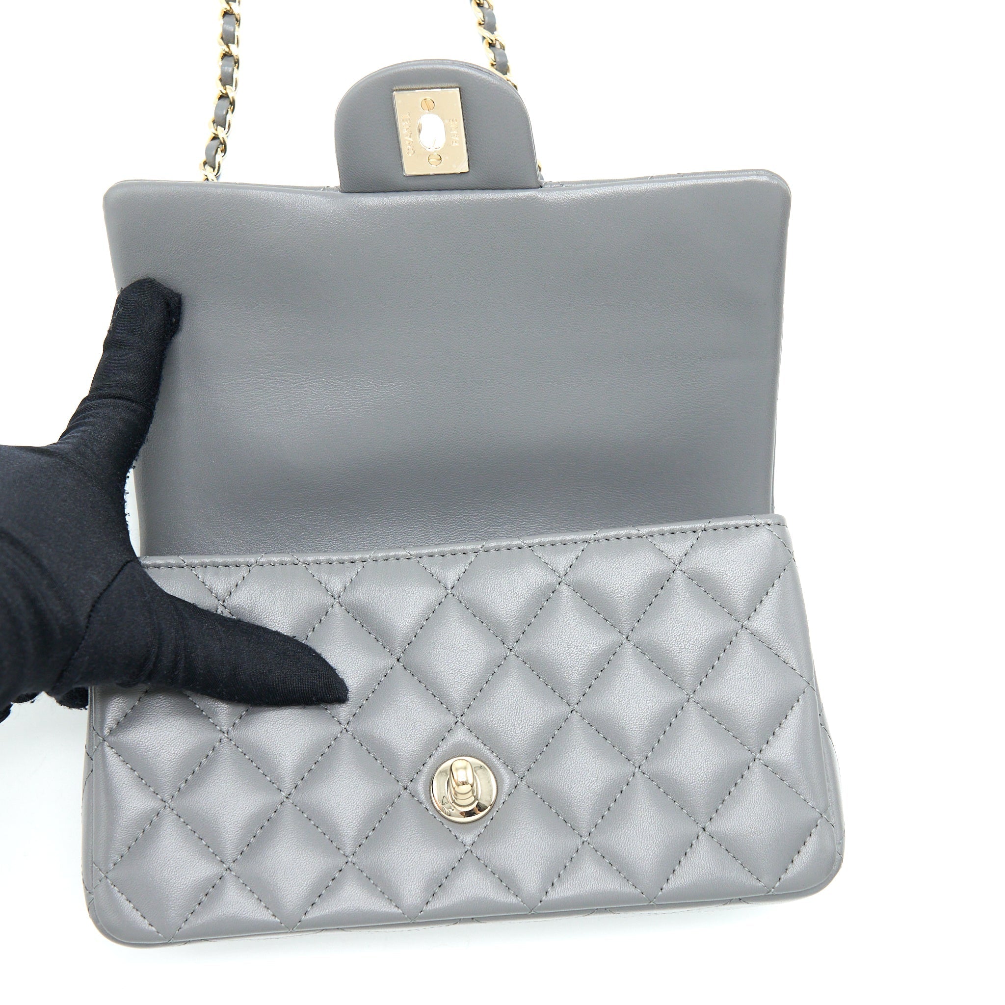 CHANEL 22A TOP HANDLE MINI RECTANGULAR FLAP BAG LAMBSKIN GREY LGHW (MICROCHIP)