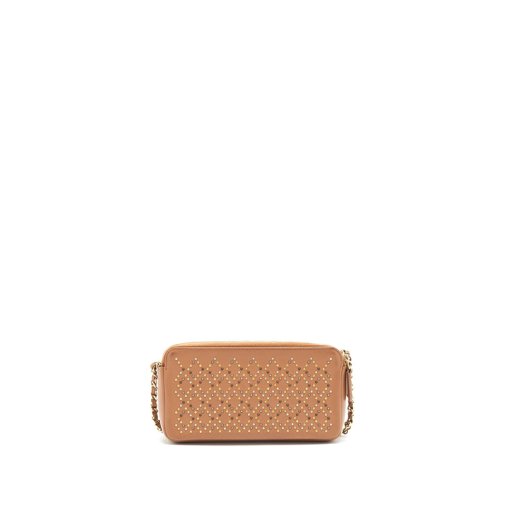 CHANEL STUD DOUBLE ZIP WALLET ON CHAIN DARK BEIGE