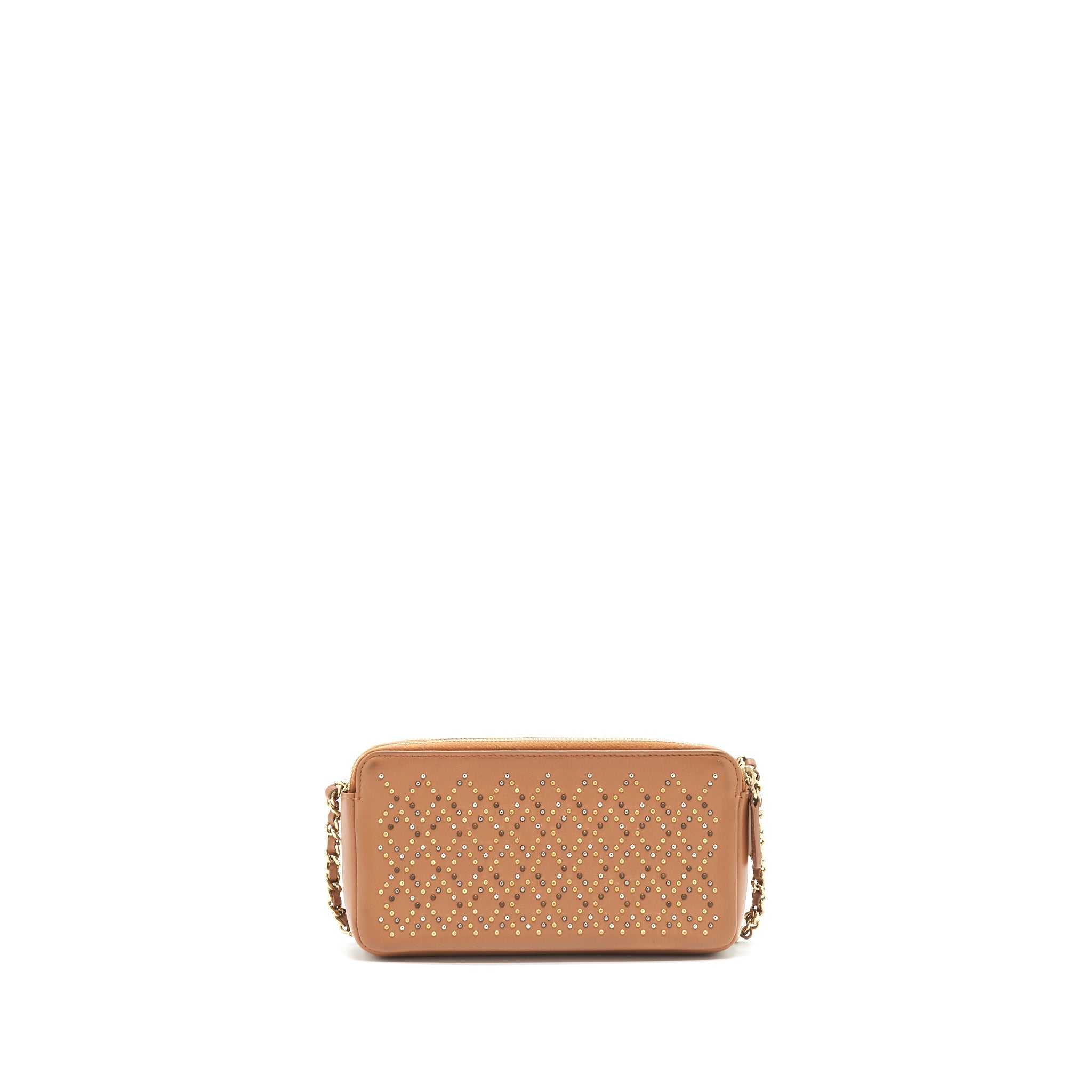 CHANEL STUD DOUBLE ZIP WALLET ON CHAIN DARK BEIGE