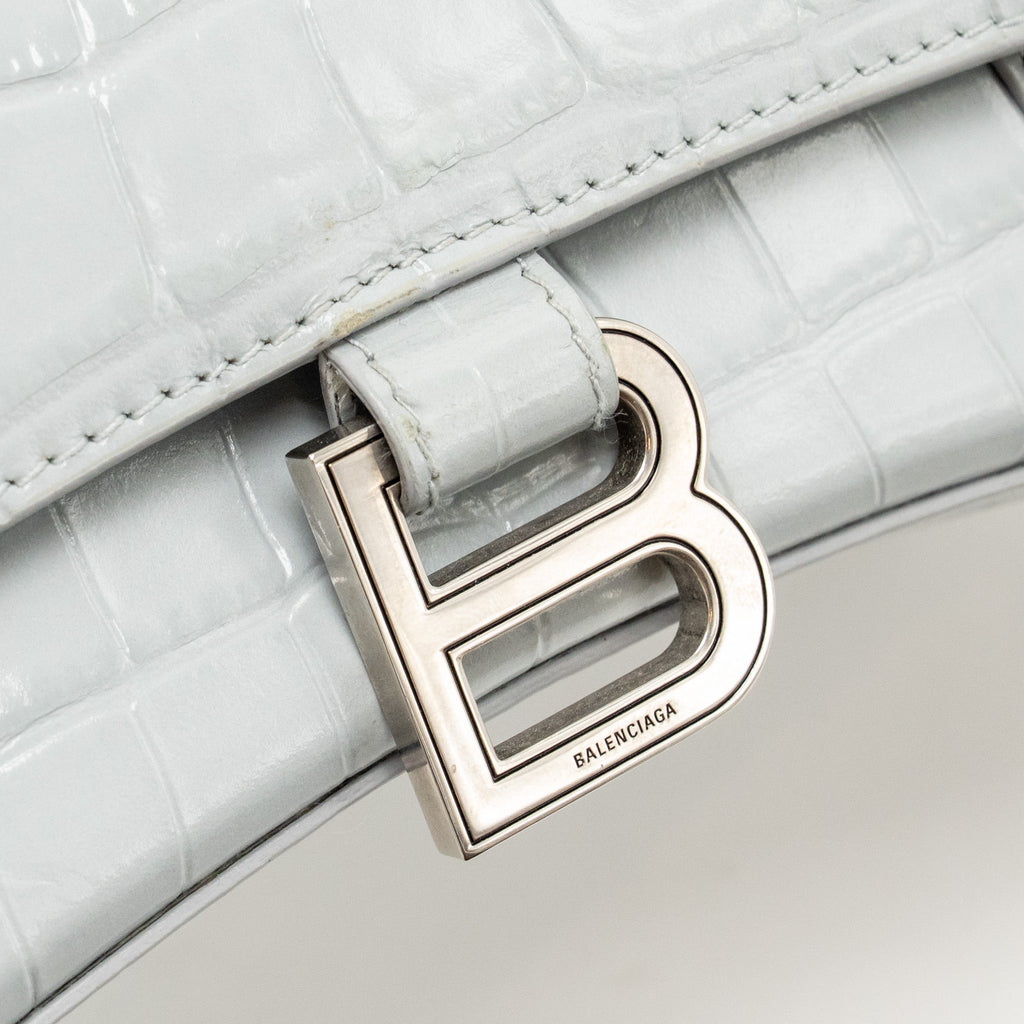 BALENCIAGA SMALL HOURGLASS BAG CROC-EMBOSSED CALFSKIN GREY SHW