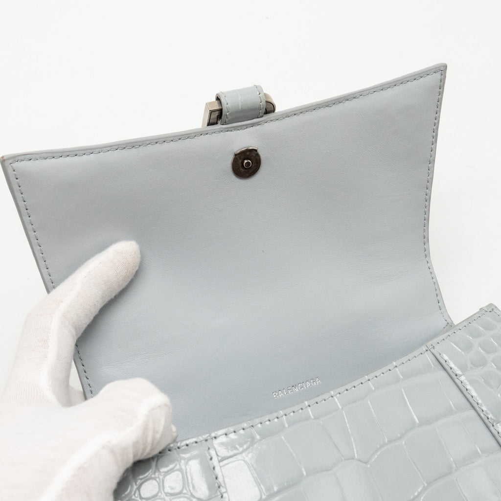 BALENCIAGA SMALL HOURGLASS BAG CROC-EMBOSSED CALFSKIN GREY SHW