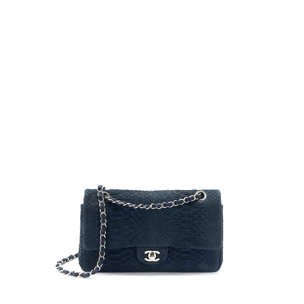 CHANEL MEDIUM CLASSIC DOUBLE FLAP BAG PYTHON DARK BLUE SHW