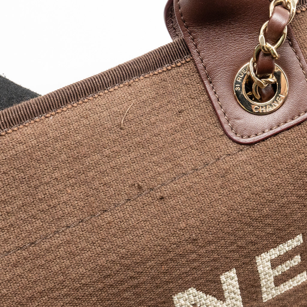CHANEL DEAUVILLE TOTE BAG CANVAS DARK BROWN LGHW (MICROCHIP)