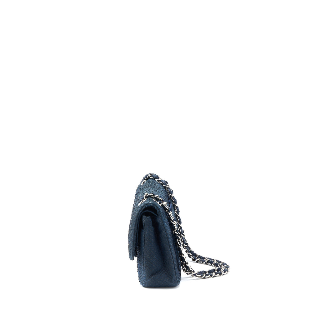 CHANEL MEDIUM CLASSIC DOUBLE FLAP BAG PYTHON DARK BLUE SHW
