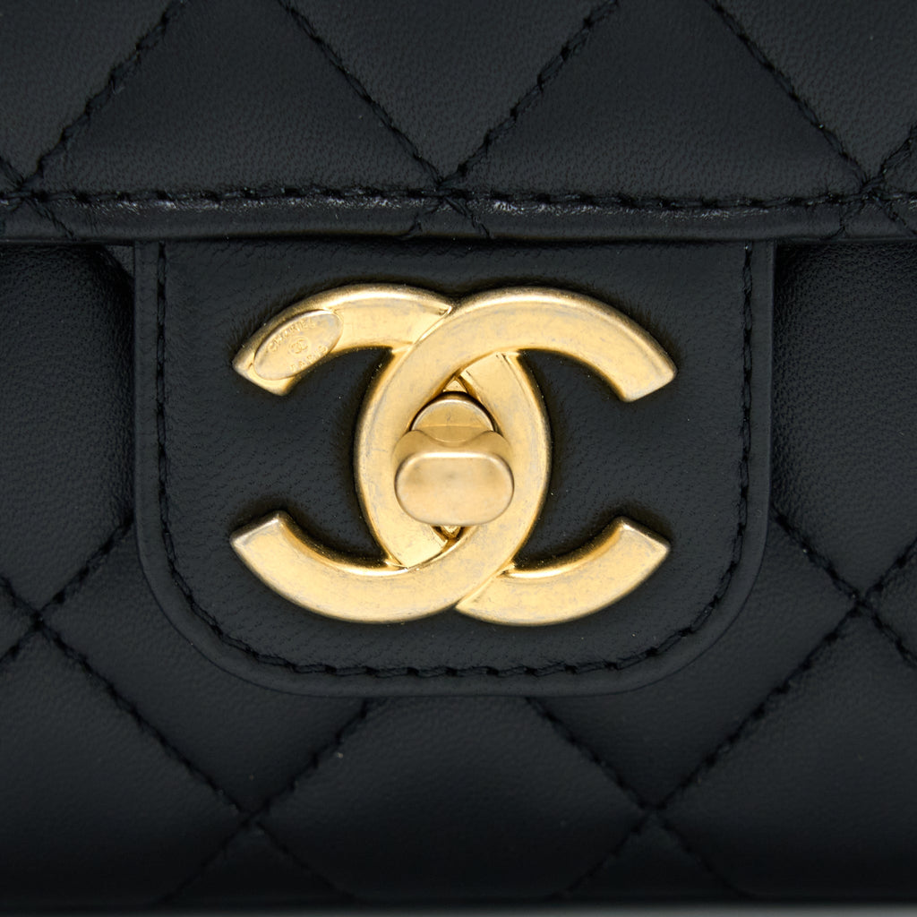 CHANEL SEASONAL FLAP BAG WITH DETAIL CHAIN LAMBSKIN BLACK BRUSHED GHW (MICROCHIP)