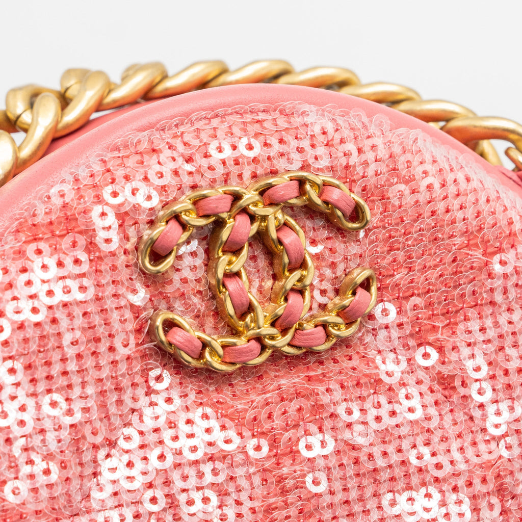 CHANEL 19 ROUND PURSE WITH CHAIN SEQUINS PINK MULTICOLOUR HARDWARE