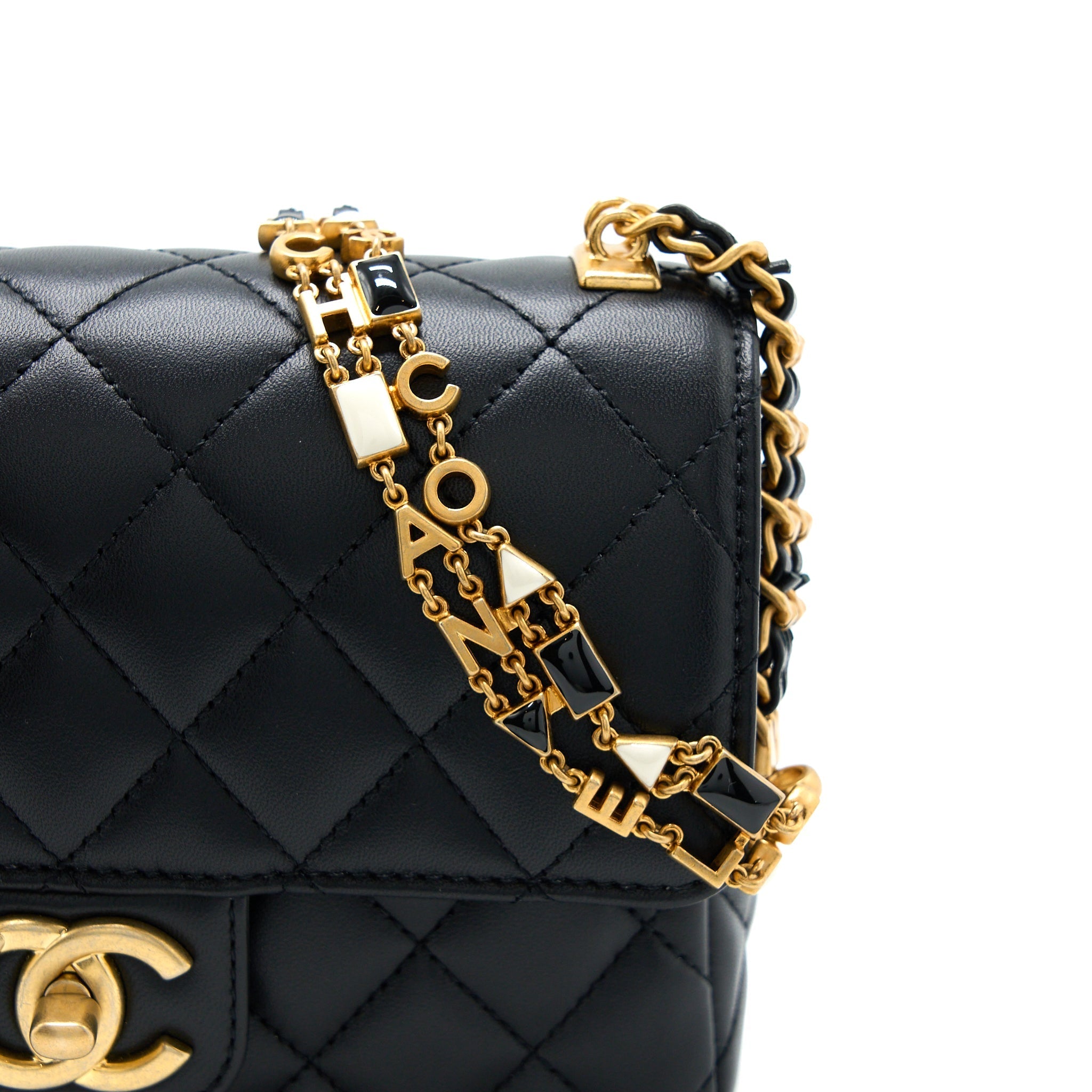 CHANEL SEASONAL FLAP BAG WITH DETAIL CHAIN LAMBSKIN BLACK BRUSHED GHW (MICROCHIP)