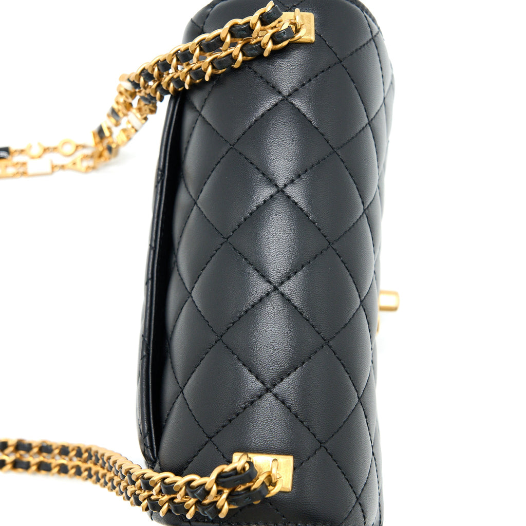 CHANEL SEASONAL FLAP BAG WITH DETAIL CHAIN LAMBSKIN BLACK BRUSHED GHW (MICROCHIP)