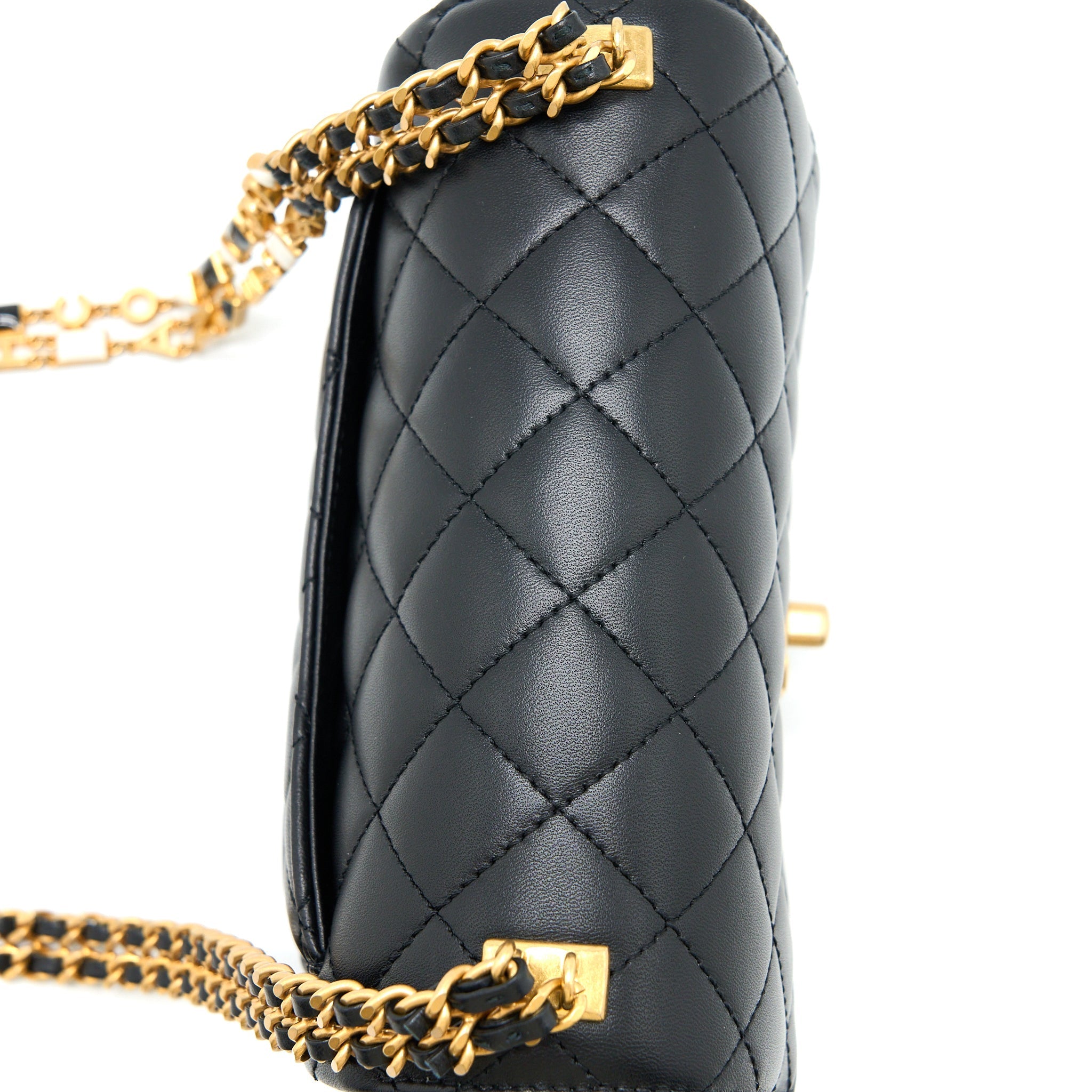 CHANEL SEASONAL FLAP BAG WITH DETAIL CHAIN LAMBSKIN BLACK BRUSHED GHW (MICROCHIP)