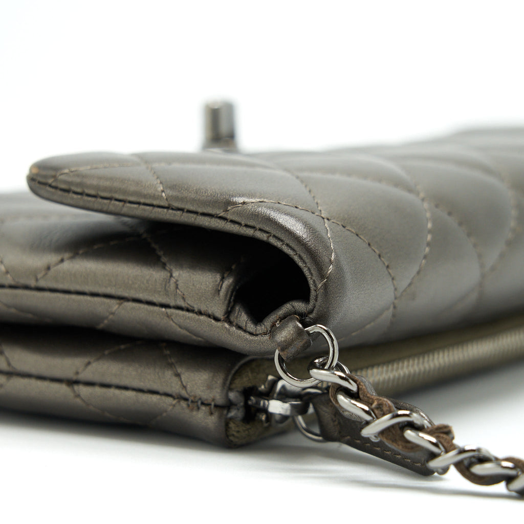 CHANEL FLAP AND ZIPPY MINI POUCH WITH CHAIN LAMBSKIN METALLIC BROWNISH GREY WITH DARK GREY HARDWARE