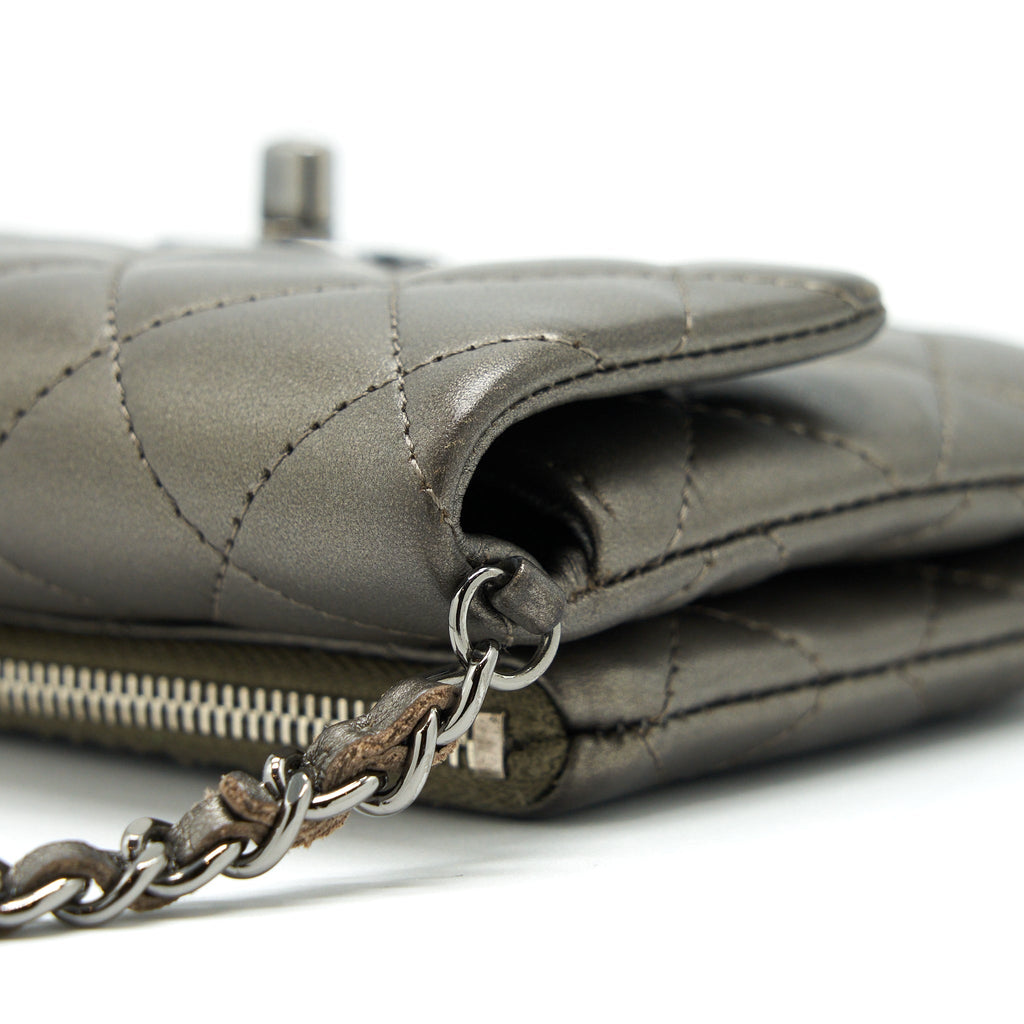 CHANEL FLAP AND ZIPPY MINI POUCH WITH CHAIN LAMBSKIN METALLIC BROWNISH GREY WITH DARK GREY HARDWARE