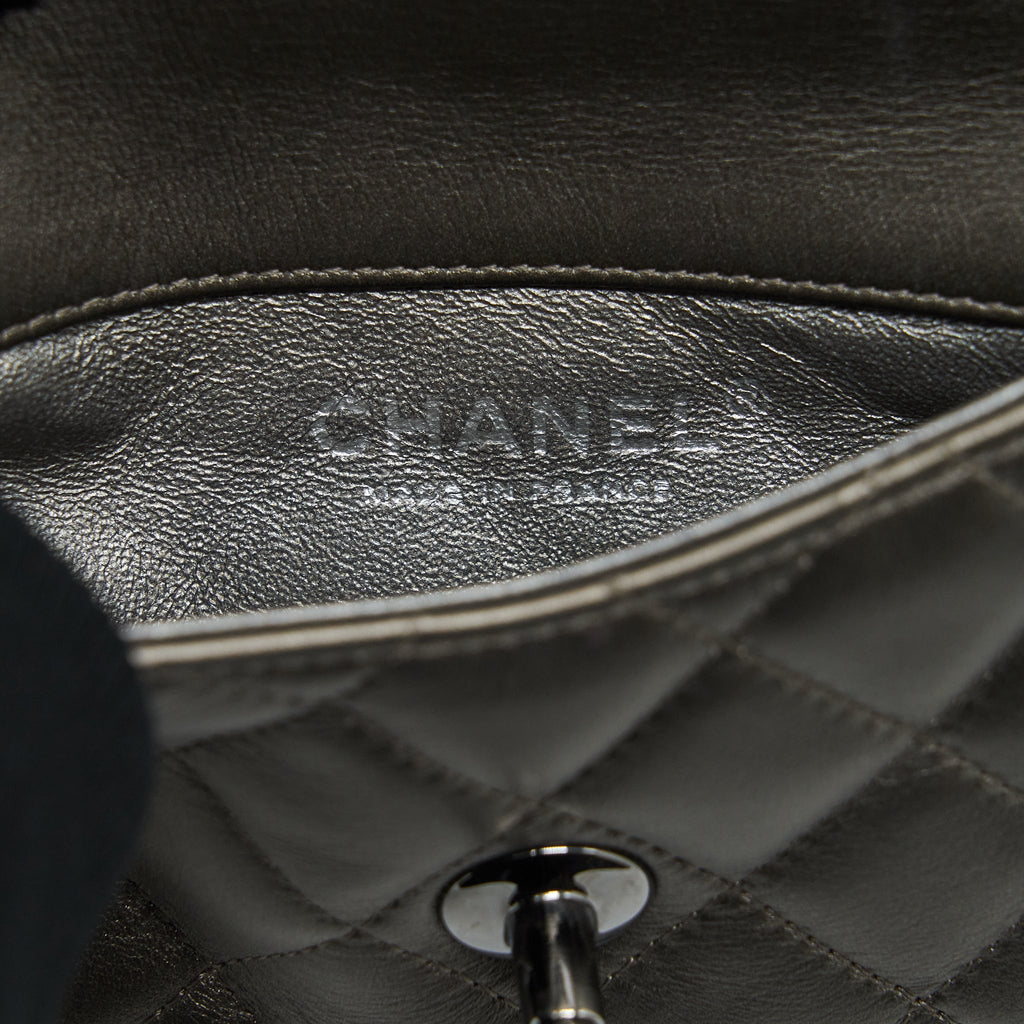 CHANEL FLAP AND ZIPPY MINI POUCH WITH CHAIN LAMBSKIN METALLIC BROWNISH GREY WITH DARK GREY HARDWARE