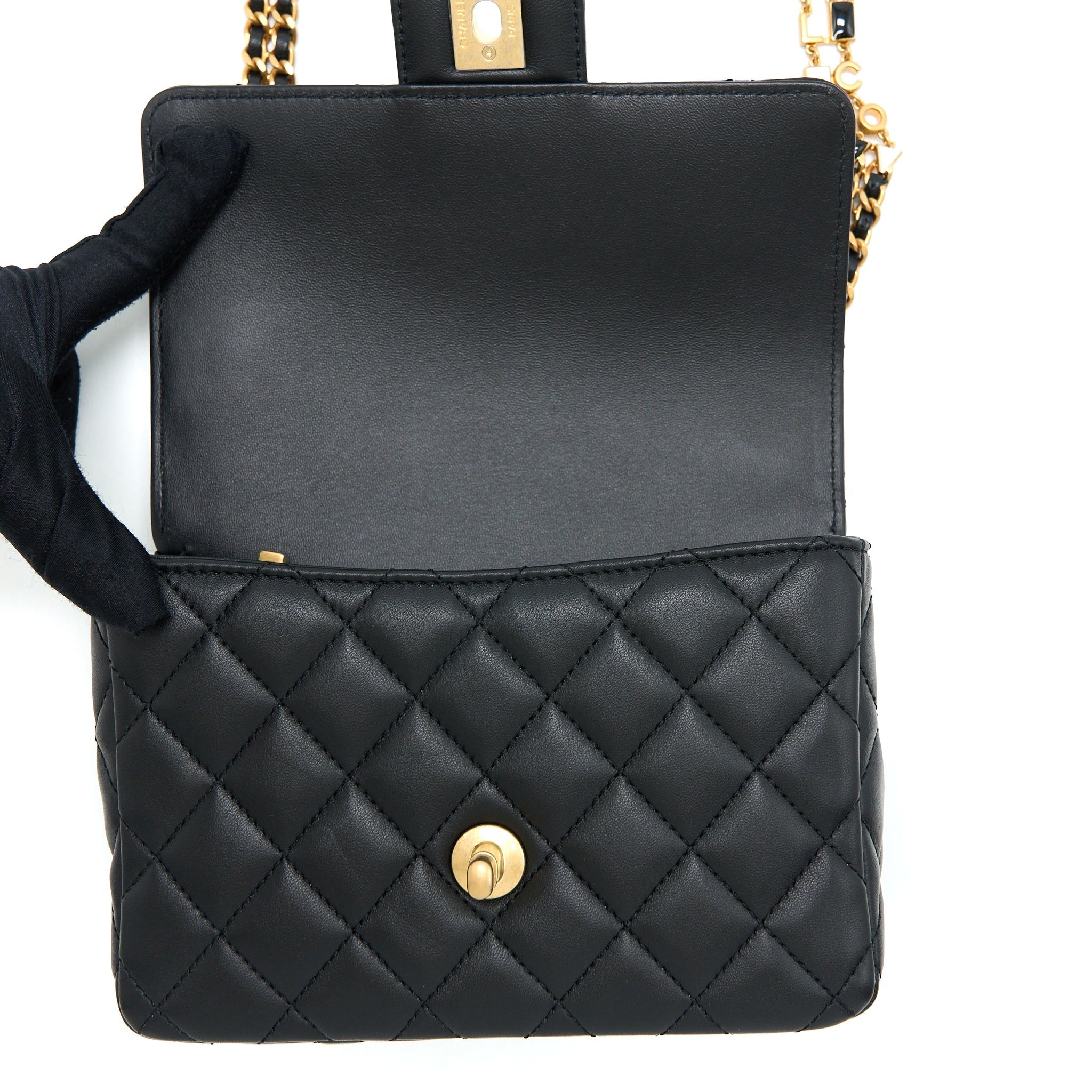 CHANEL SEASONAL FLAP BAG WITH DETAIL CHAIN LAMBSKIN BLACK BRUSHED GHW (MICROCHIP)