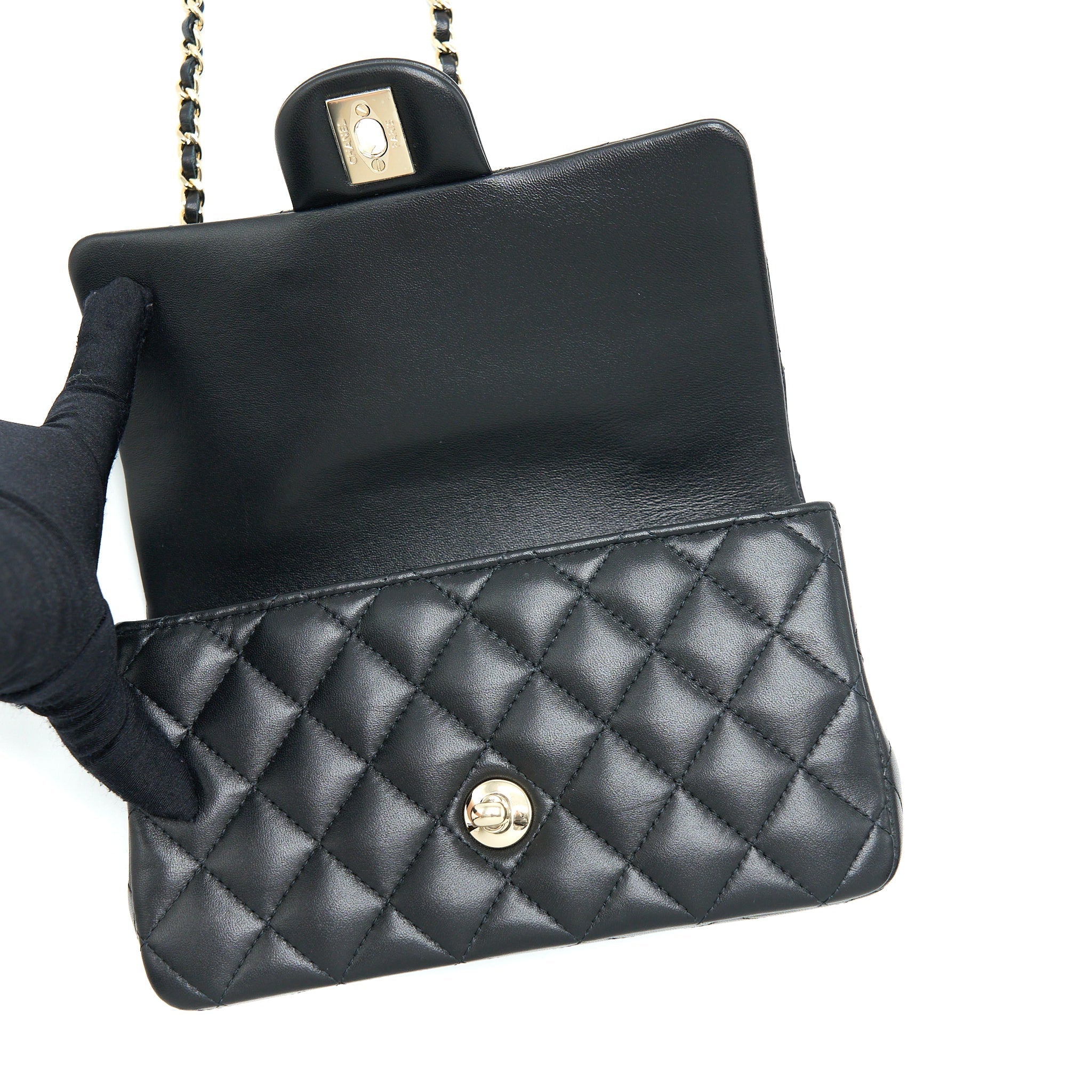 CHANEL 22A TOP HANDLE MINI RECTANGULAR FLAP BAG LAMBSKIN BLACK GHW (MICROCHIP)