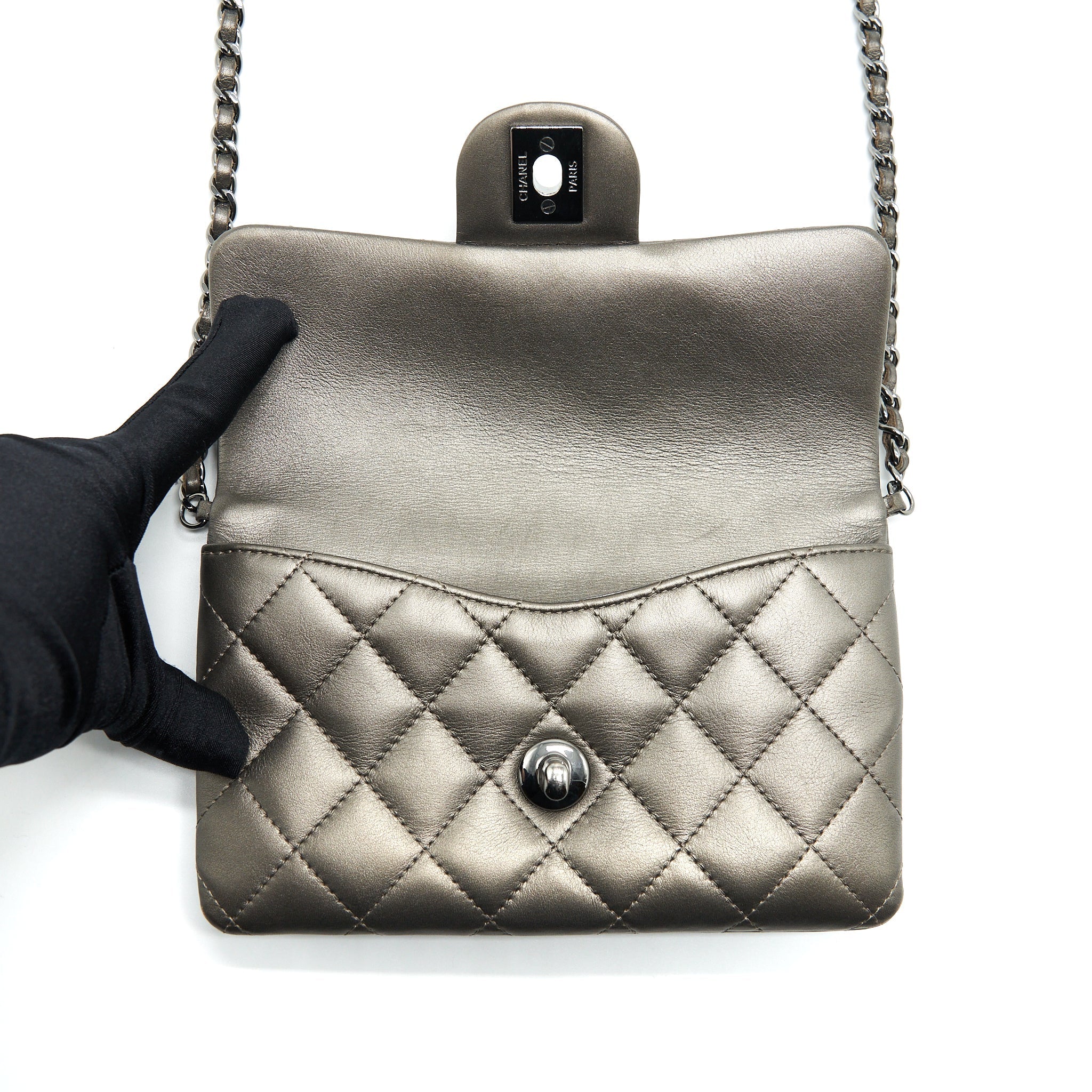CHANEL FLAP AND ZIPPY MINI POUCH WITH CHAIN LAMBSKIN METALLIC BROWNISH GREY WITH DARK GREY HARDWARE