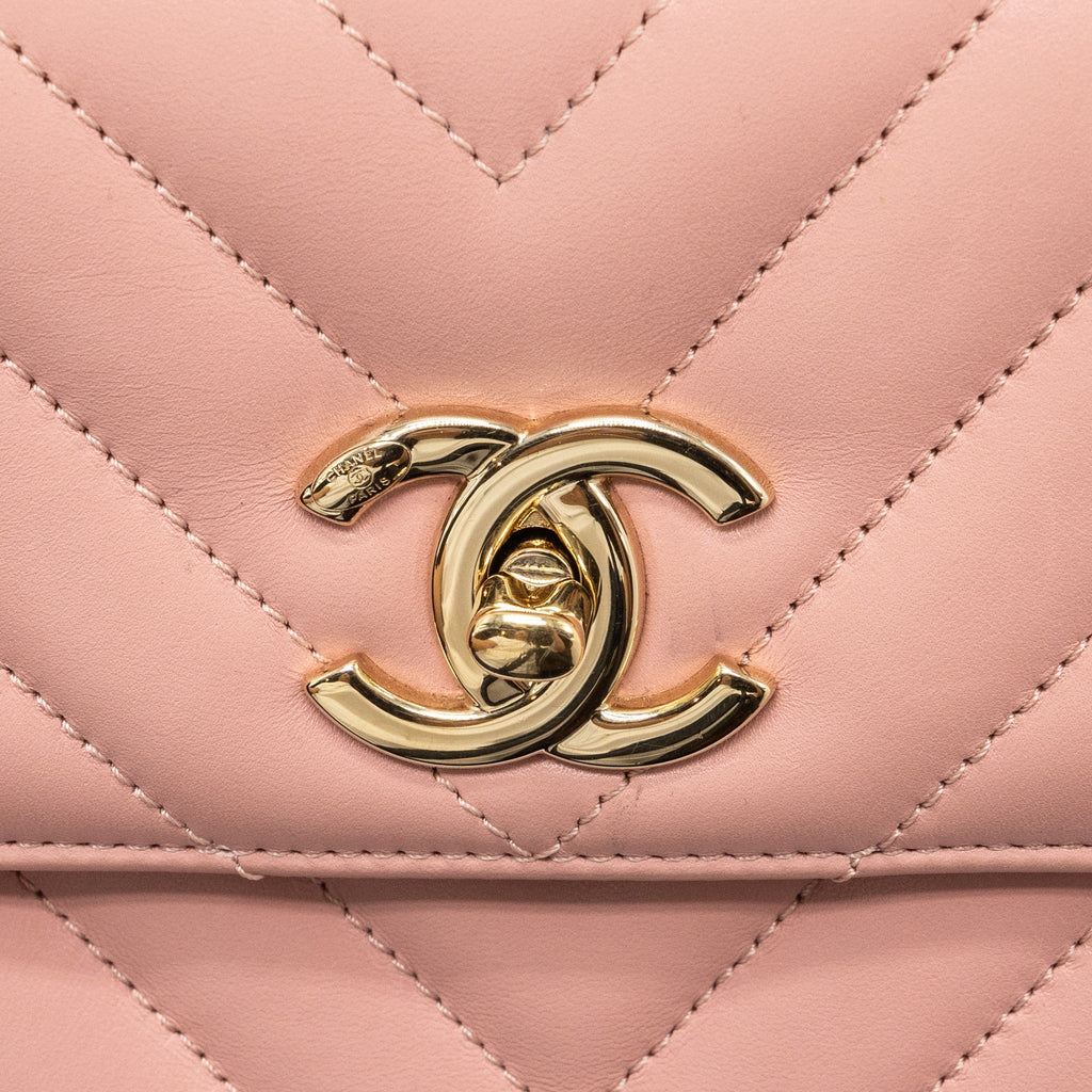 CHANEL CHEVRON TRENDY CC TOP HANDLE FLAP BAG LAMBSKIN LIGHT PINK LGHW