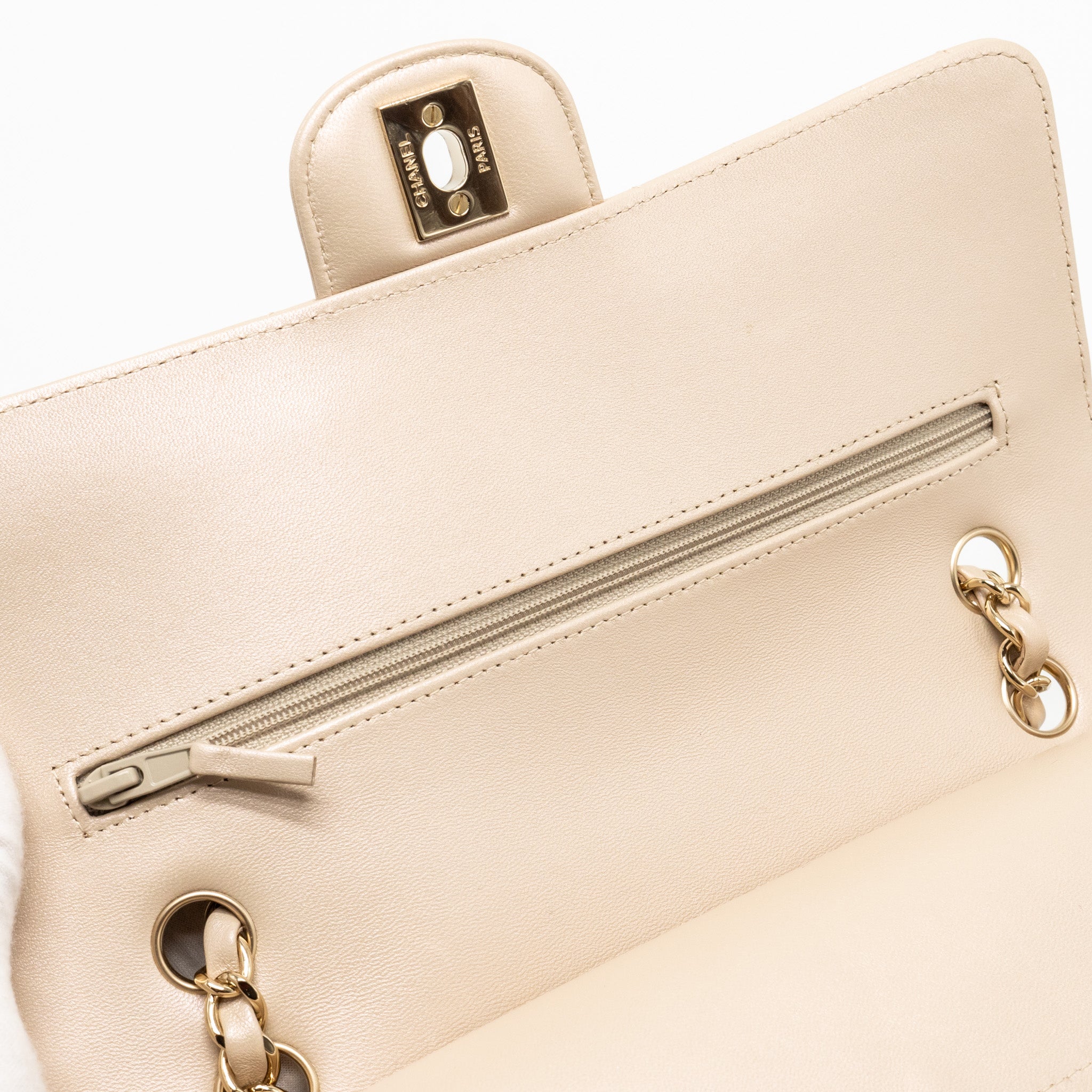 CHANEL MEDIUM CLASSIC DOUBLE FLAP BAG LAMBSKIN IRIDESCENT IVORY LGHW