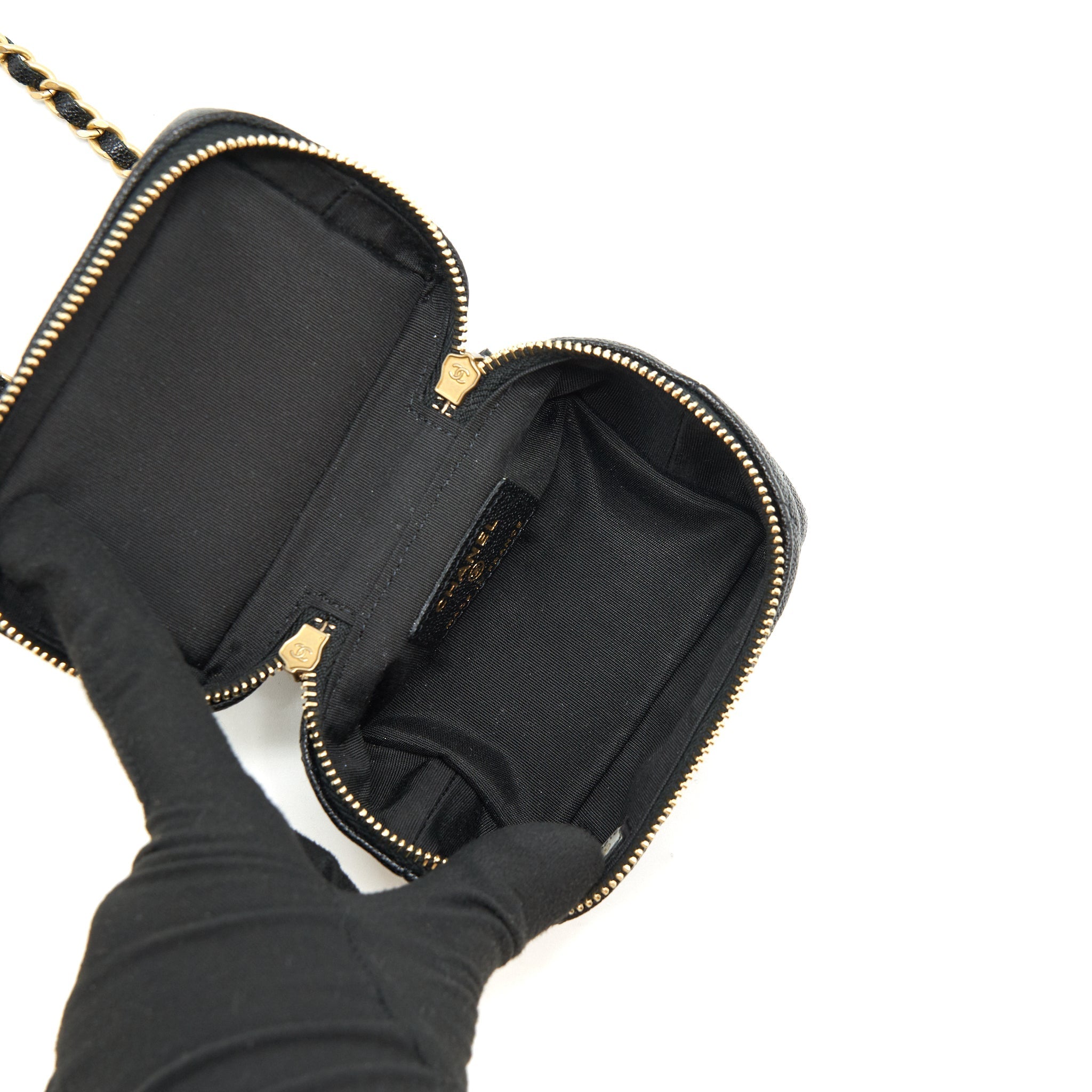 CHANEL TOP HANDLE MINI ZIPPER SOFT VANITY WITH CHAIN CAVIAR BLACK GHW