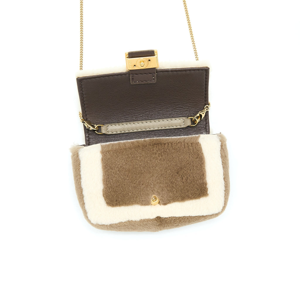 FENDI NANO BAGUETTE CHARM BAG WITH CHAIN BROWN/ CREAM GHW